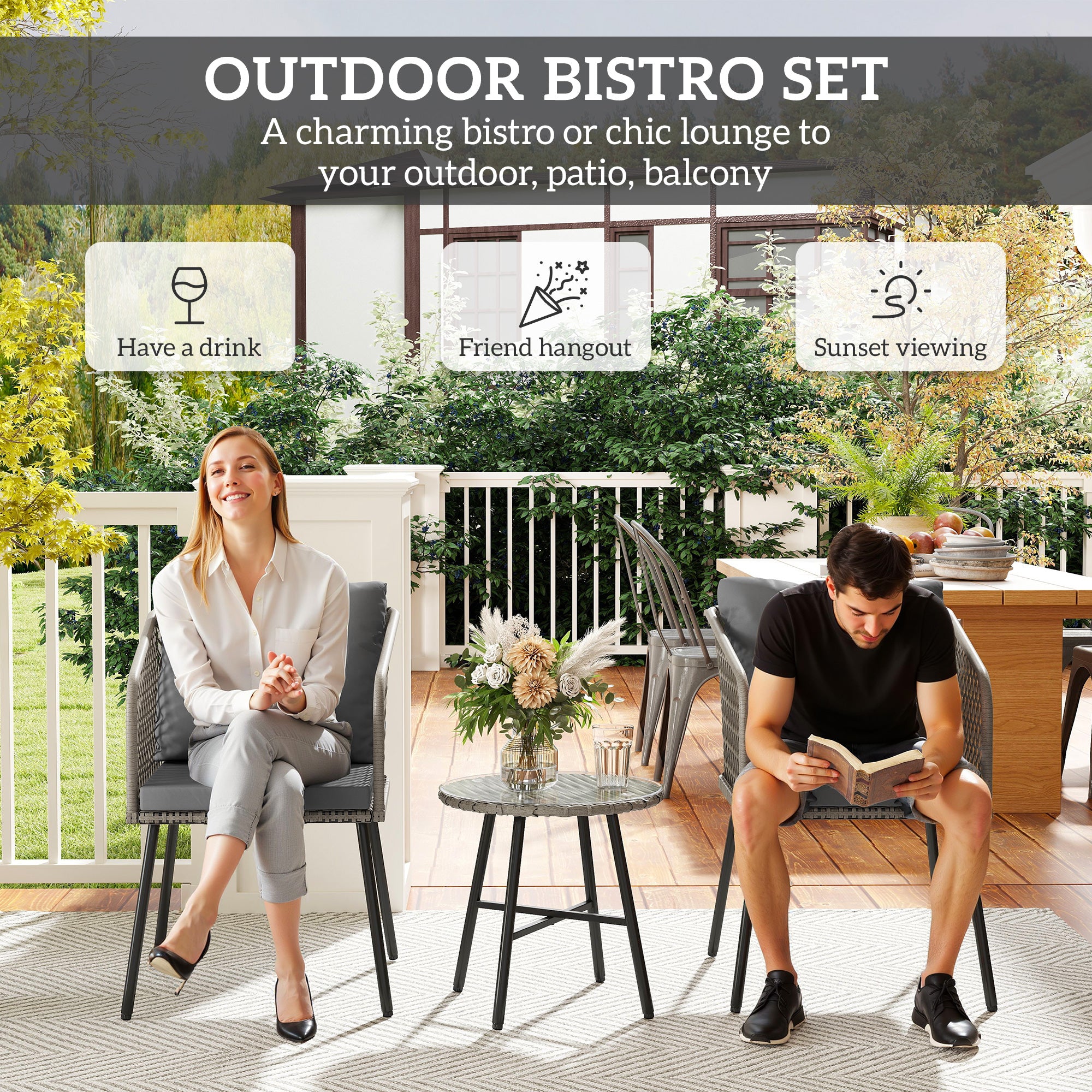 Outsunny Three-Piece Cut-Out Rattan Chair and Table Set - Grey - North Peak Garden Furniture