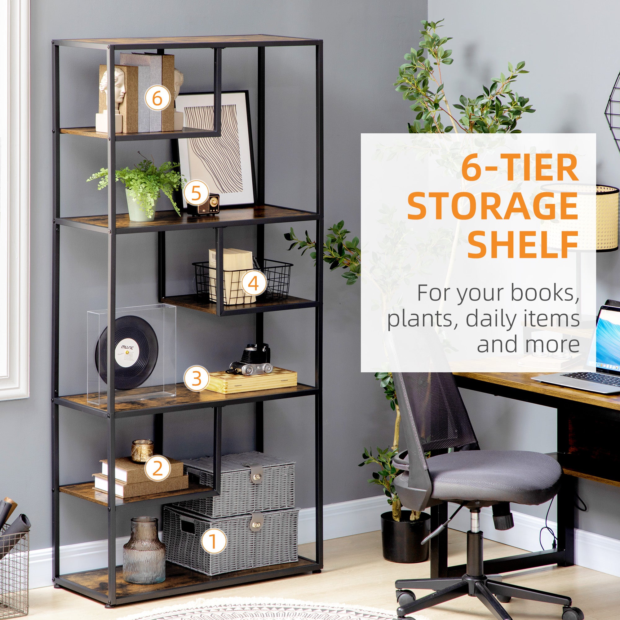 HOMCOM Industrial Bookcase Shelf, 7 Tier Metal Shelving, Storage Shelves for Living Room, Home Office, Bedroom, Rustic Brown - North Peak Garden Furniture