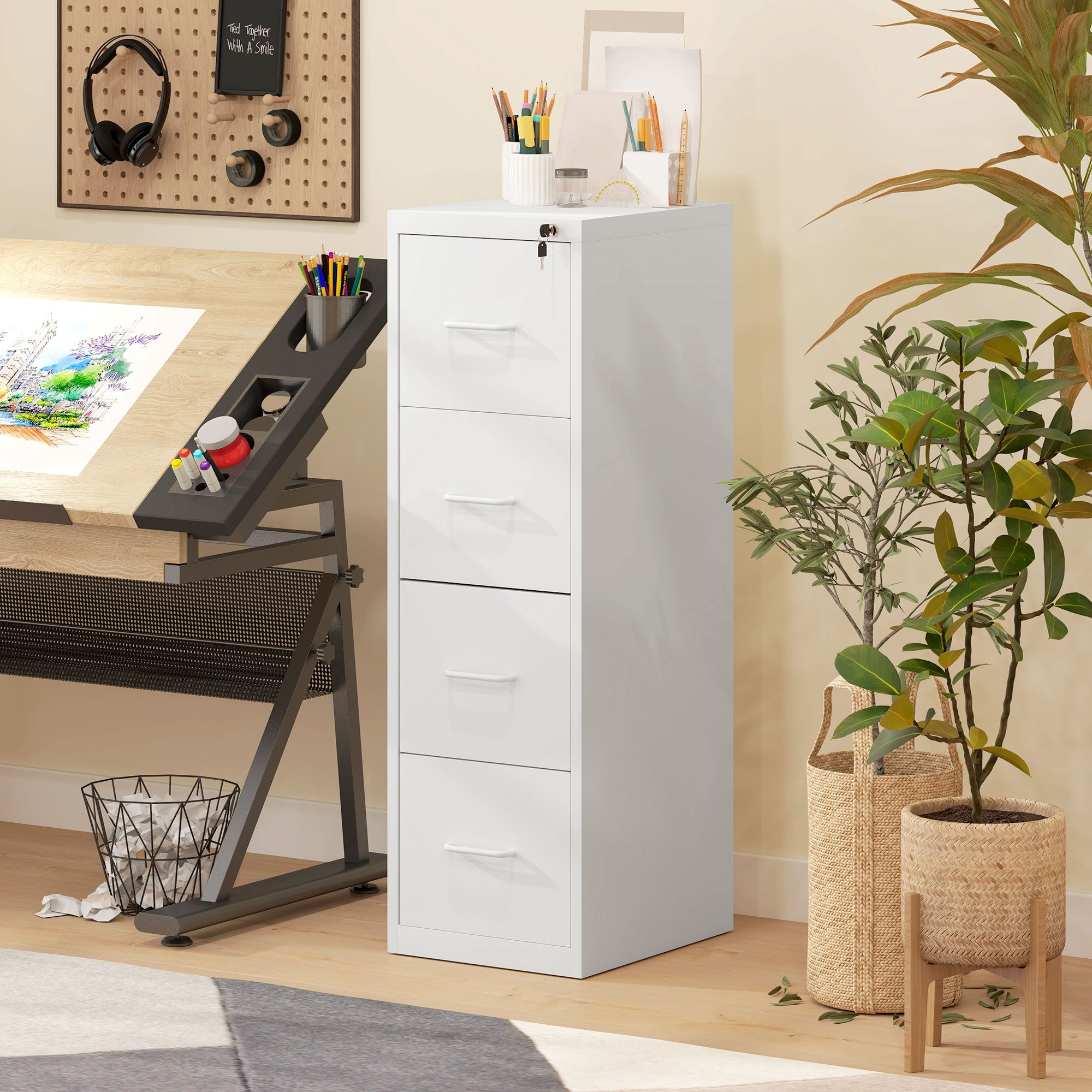 HOMCOM Four-Drawer Modern Steel Filing Cabinet - White - North Peak Garden Furniture
