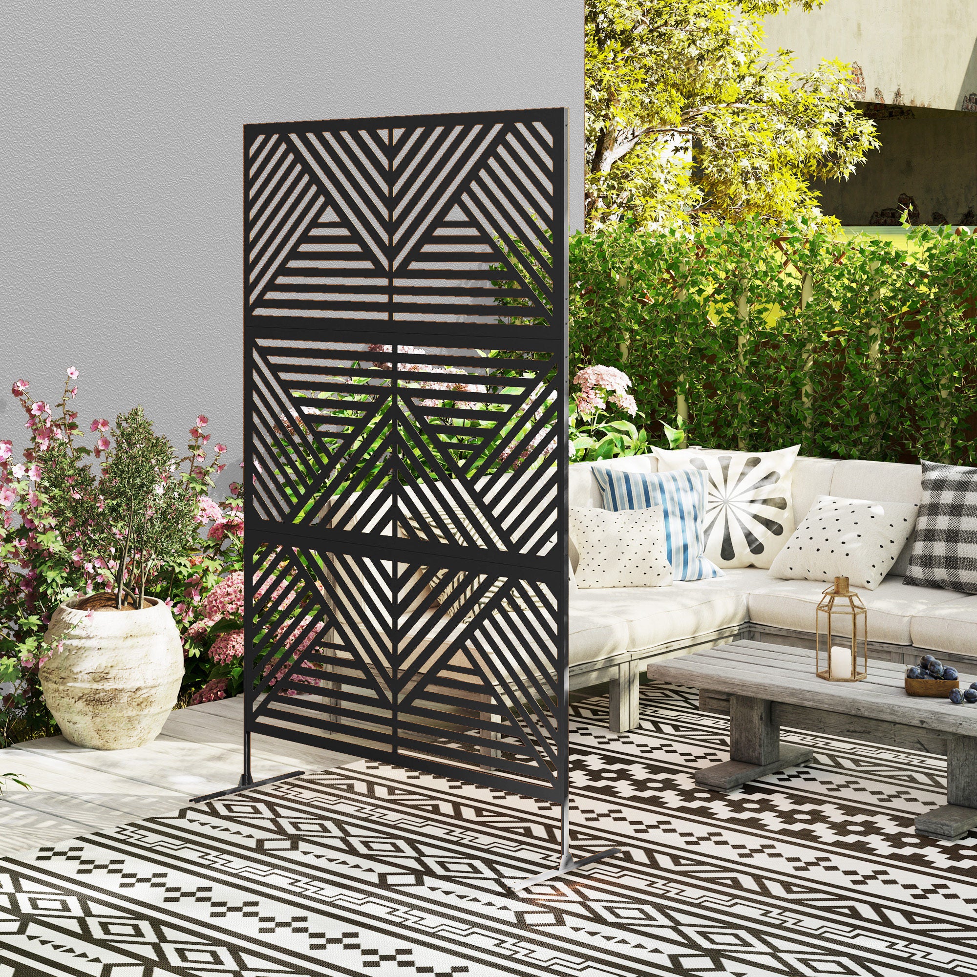 Outsunny Decorative Garden Privacy Screen with Stand, 6.5FT Freestanding Metal Outdoor Divider, Decorative Privacy Panel with Expansion Screws for Garden Pool Hot Tub, Rhombus Style, Black - North Peak Garden Furniture