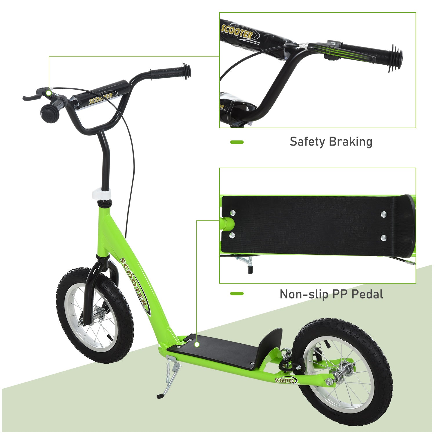 HOMCOM Teen Kids Stunt Scooter w/ Adjustable Handlebar, 12 Inch Rubber Tyres, Dual Brakes, Green