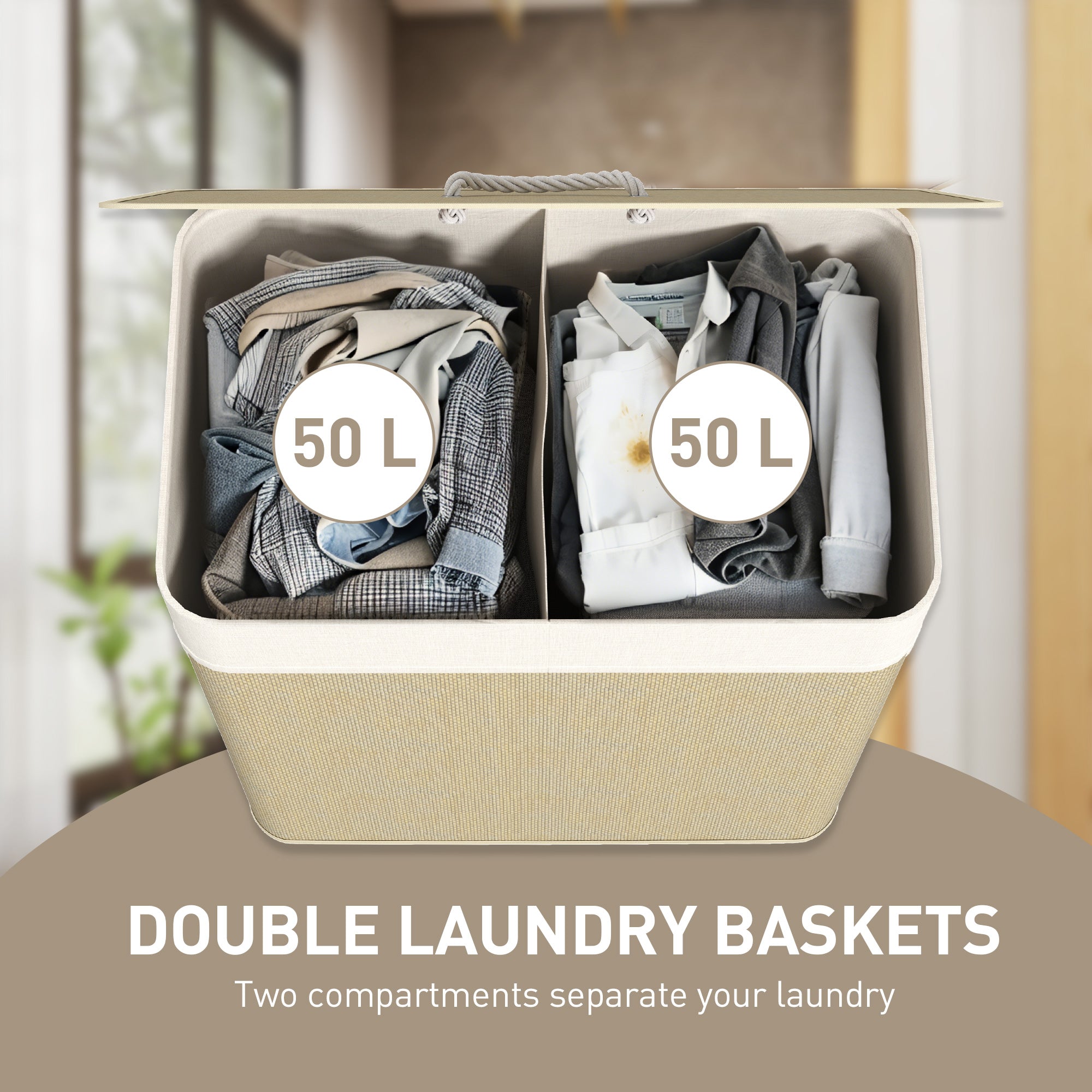 HOMCOM Double Laundry Basket with Lid, 100L Bamboo Laundry Hamper with Rope Handles, Washing Basket with Removable Liner for Bathroom, Bedroom, Cream White - North Peak Garden Furniture