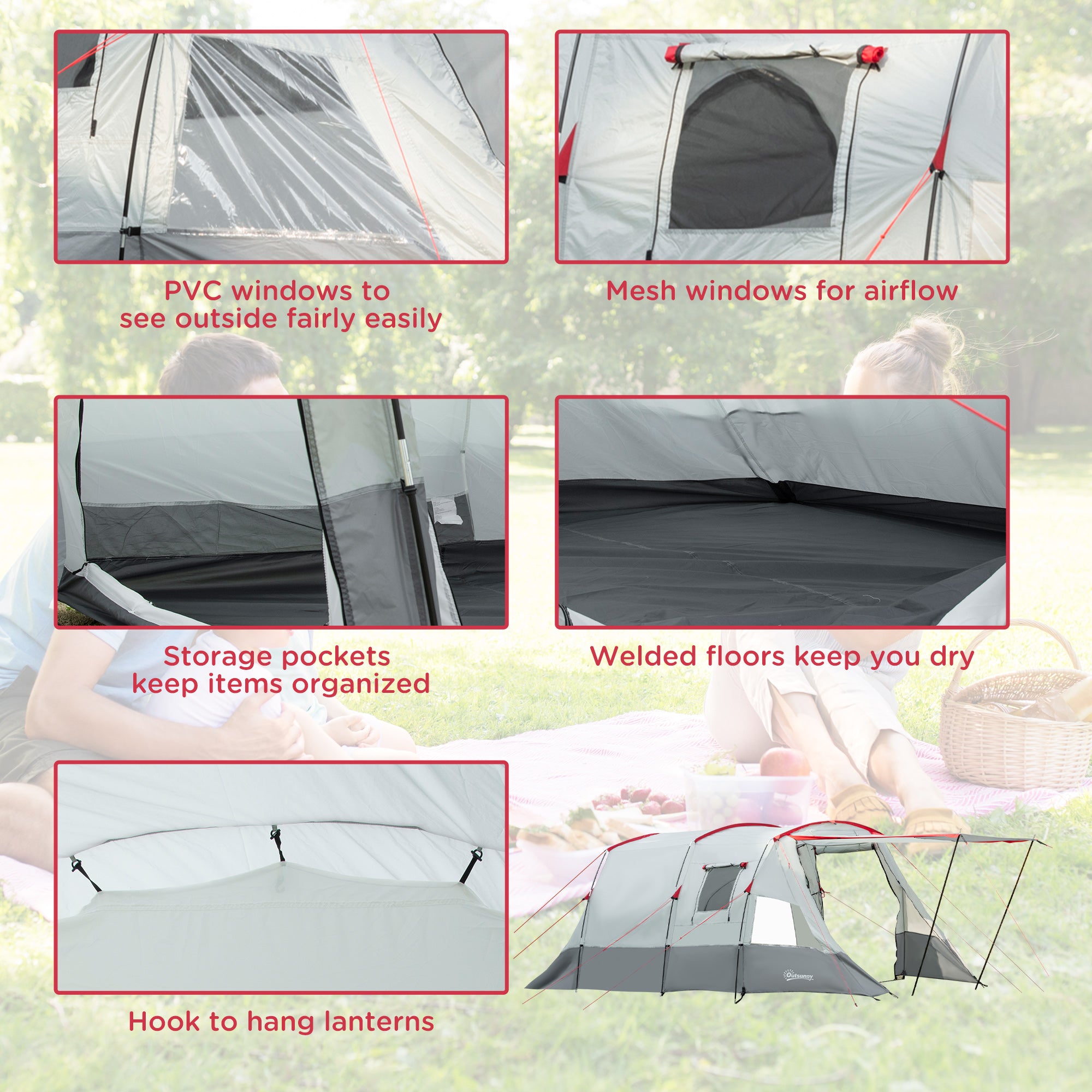 Outsunny 6-8 Person Tunnel Tent, Camping Tent with Bedroom, Living Room, Sewn-in Floor, 3 Doors and Carry Bag, 2000mm Water Column for Fishing, Hiking, Sports, and Traveling, Grey