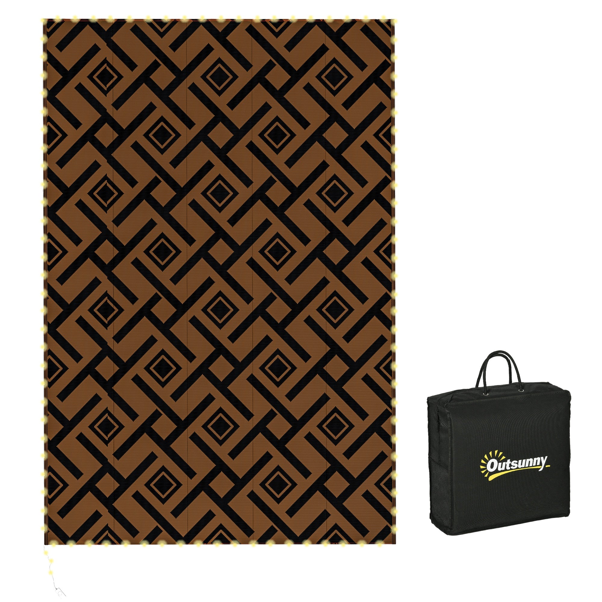 Outsunny Plastic Straw Reversible RV Outdoor Rug with LED String Light, 182 x 274cm, Brown and Black - North Peak Garden Furniture