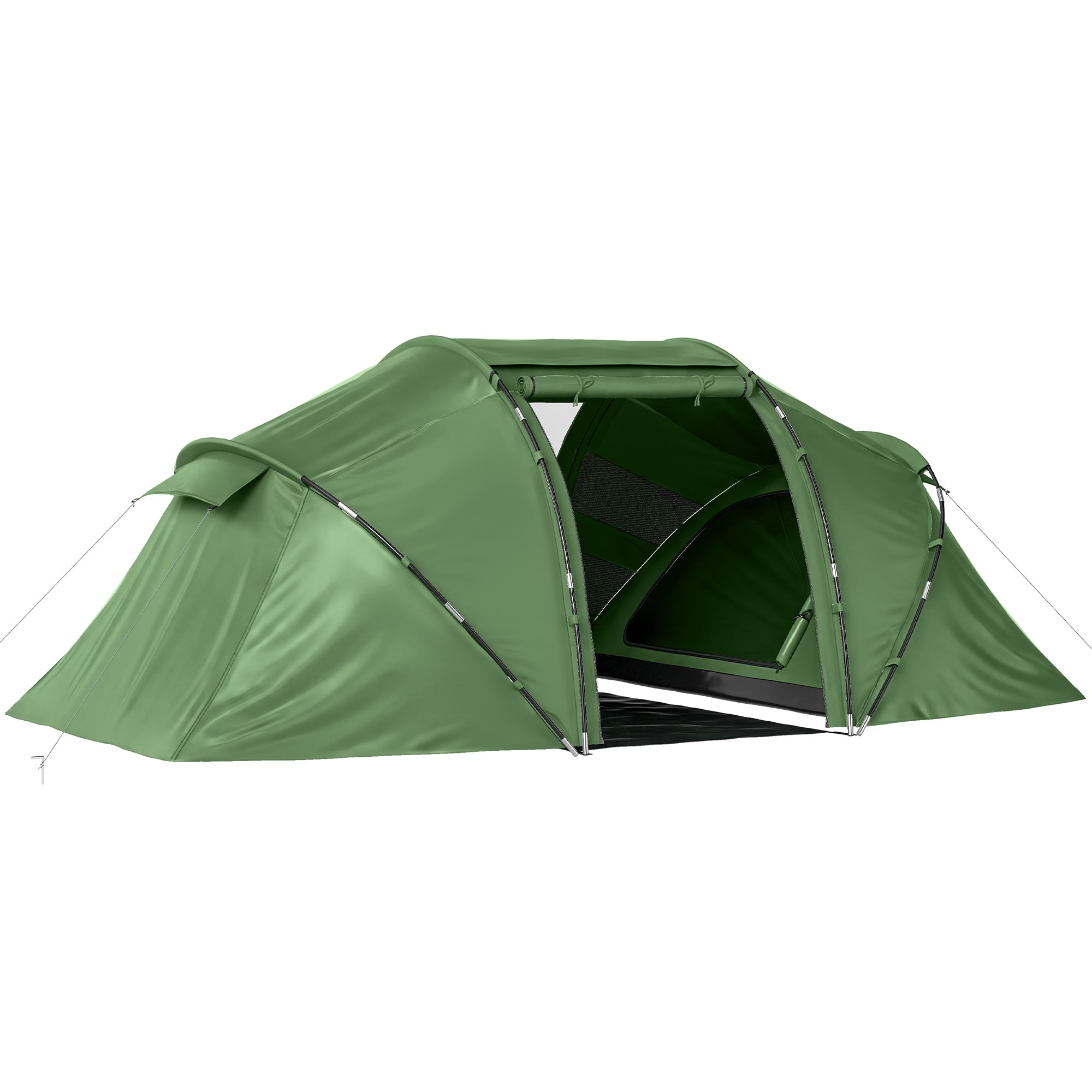 Outsunny 4-6 Man Camping Tent w/ Two Bedroom, Hiking Sun Shelter, UV Protection Tunnel Tent, Dark Green