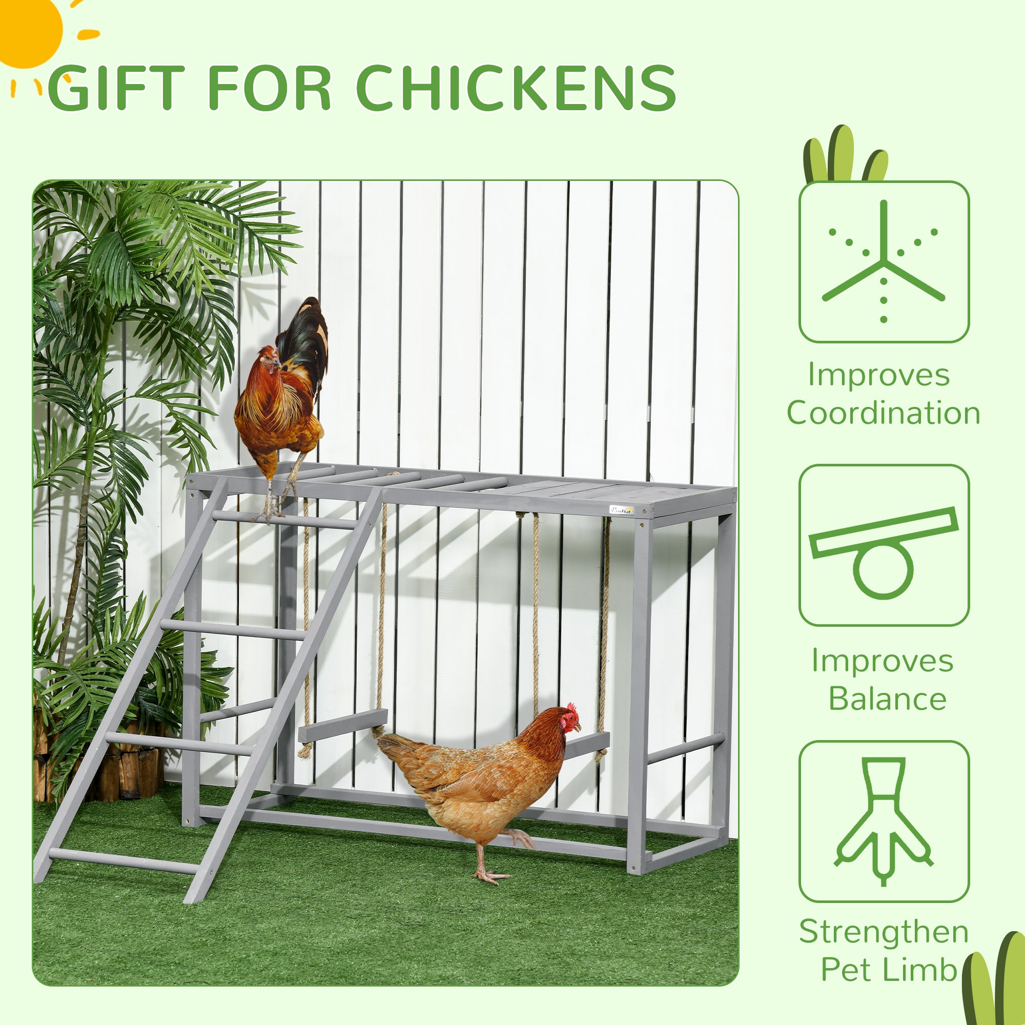 PawHut Chicken Activity Play with Swing Set for 3-4 Chickens, Wooden Chicken Coop, Grey - North Peak Garden Furniture