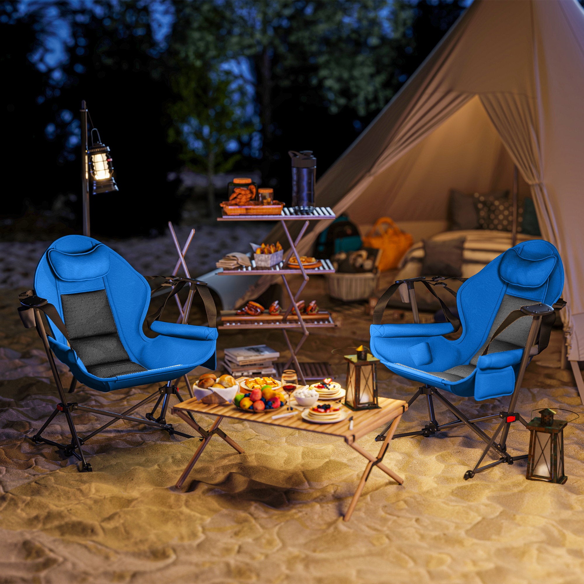 Outsunny Hammock Camping Chair Set of 2, Adjustable Back Swinging Camping Chair Portable Camp Chair with Cup Holder, Headrest, Padded Seat and Carry Bag for Travel Fishing Hiking, Blue - North Peak Garden Furniture