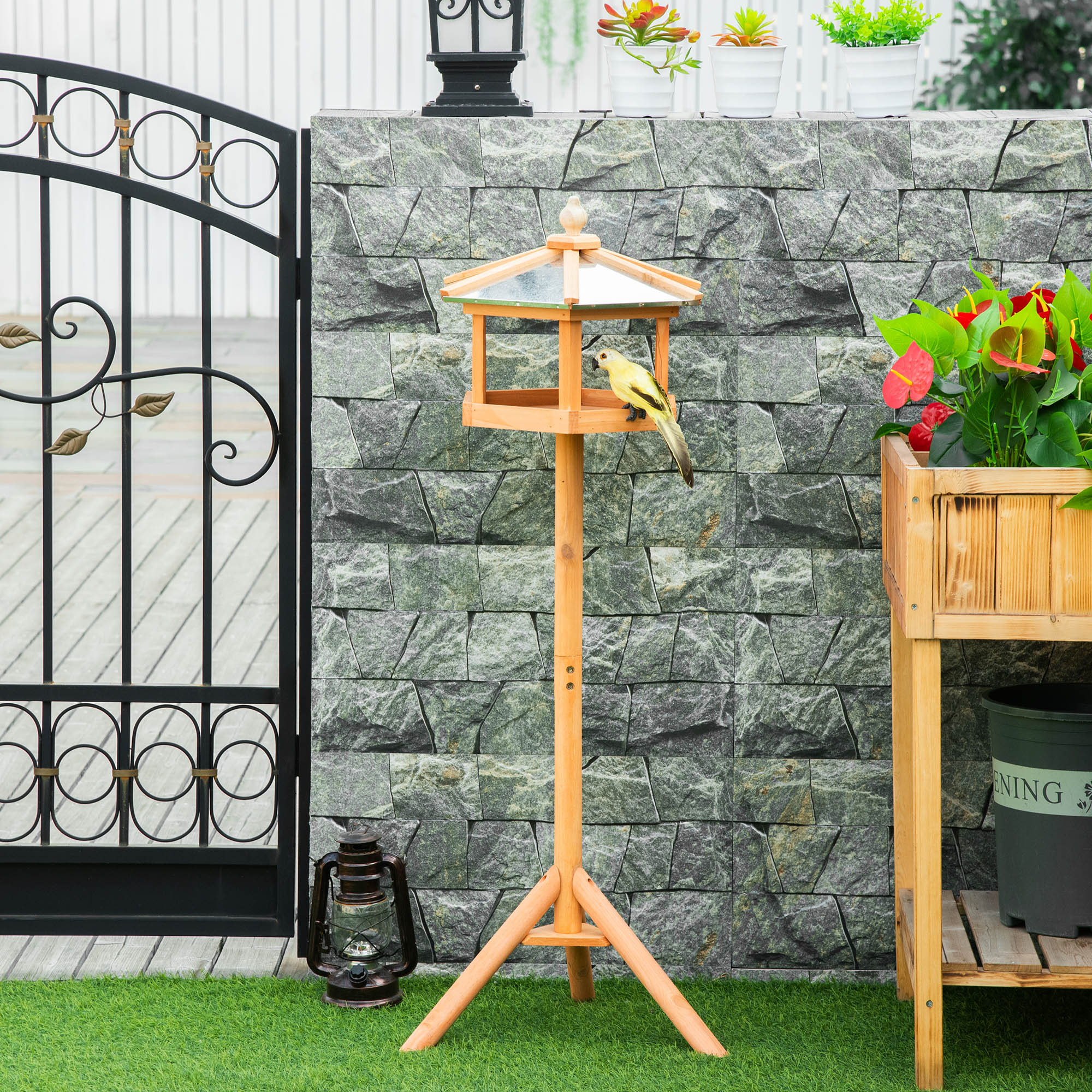 PawHut Wooden Bird Table Free Standing Feeder Garden Sheltered Feeding Station Parrot Stand Birdhouse Φ40x113cm - North Peak Garden Furniture