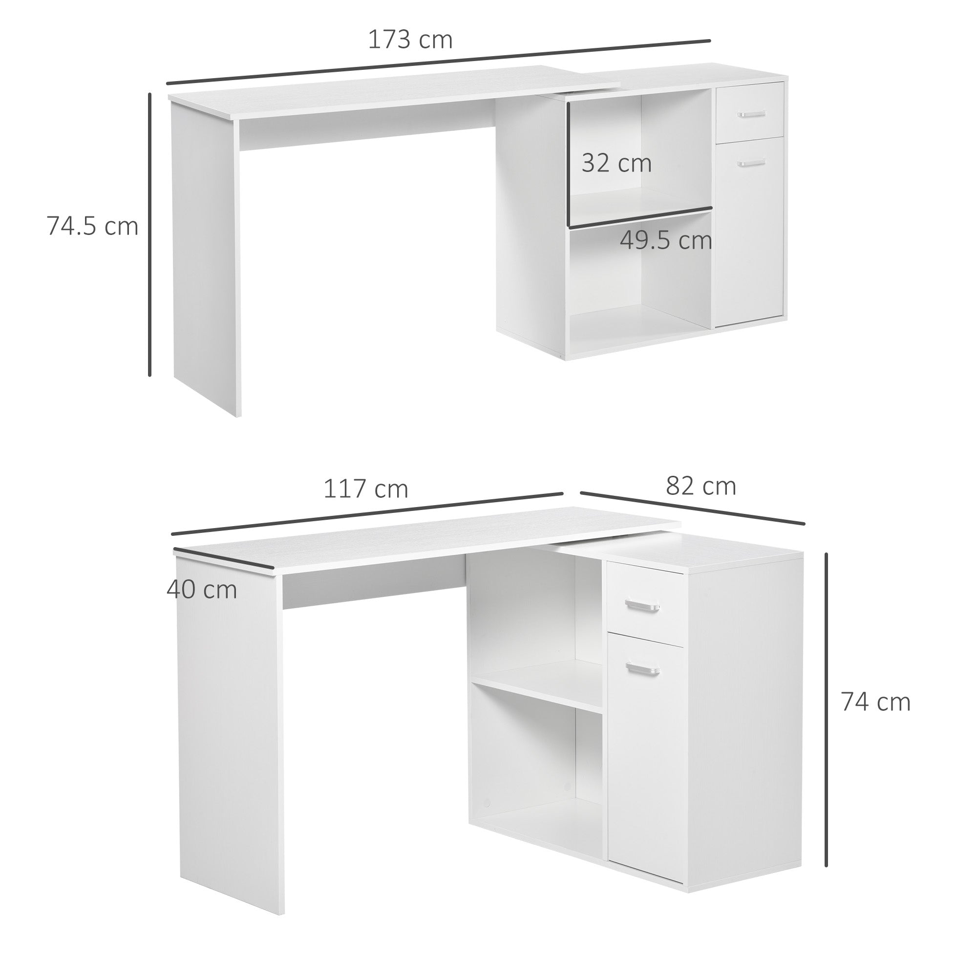 HOMCOM L-Shaped Desk, Corner Computer Desk, Adjustable Study Table with Storage Shelf, Drawer and Cabinet, Workstation for Home Office, White Wood Grain - North Peak Garden Furniture