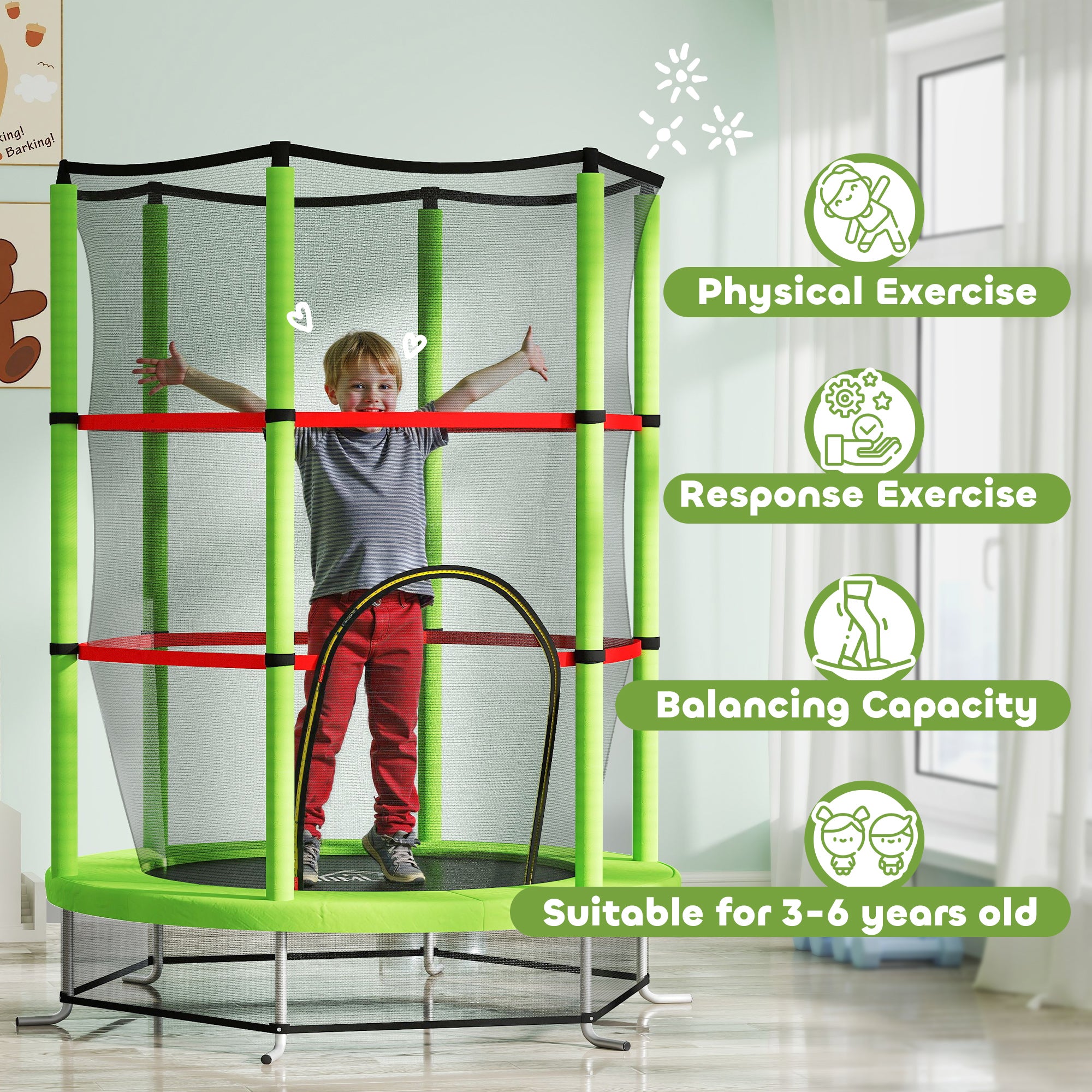 HOMCOM Kids Trampoline, with Enclosure Net, Steel Frame, for Ages 3-6 Years - Green - North Peak Garden Furniture