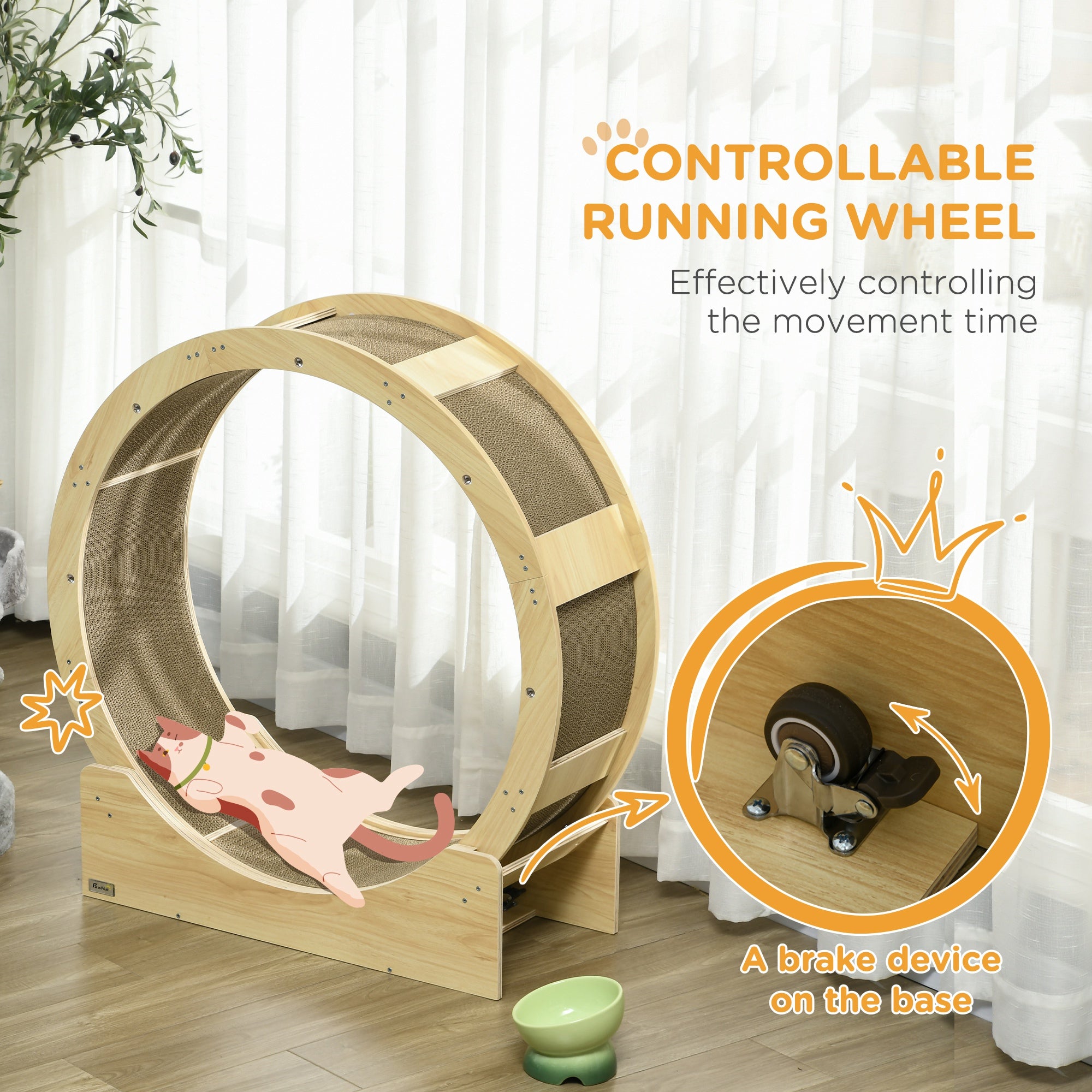 PawHut Cat Wheel with Brake, Scratching Pads - Oak Tone - North Peak Garden Furniture