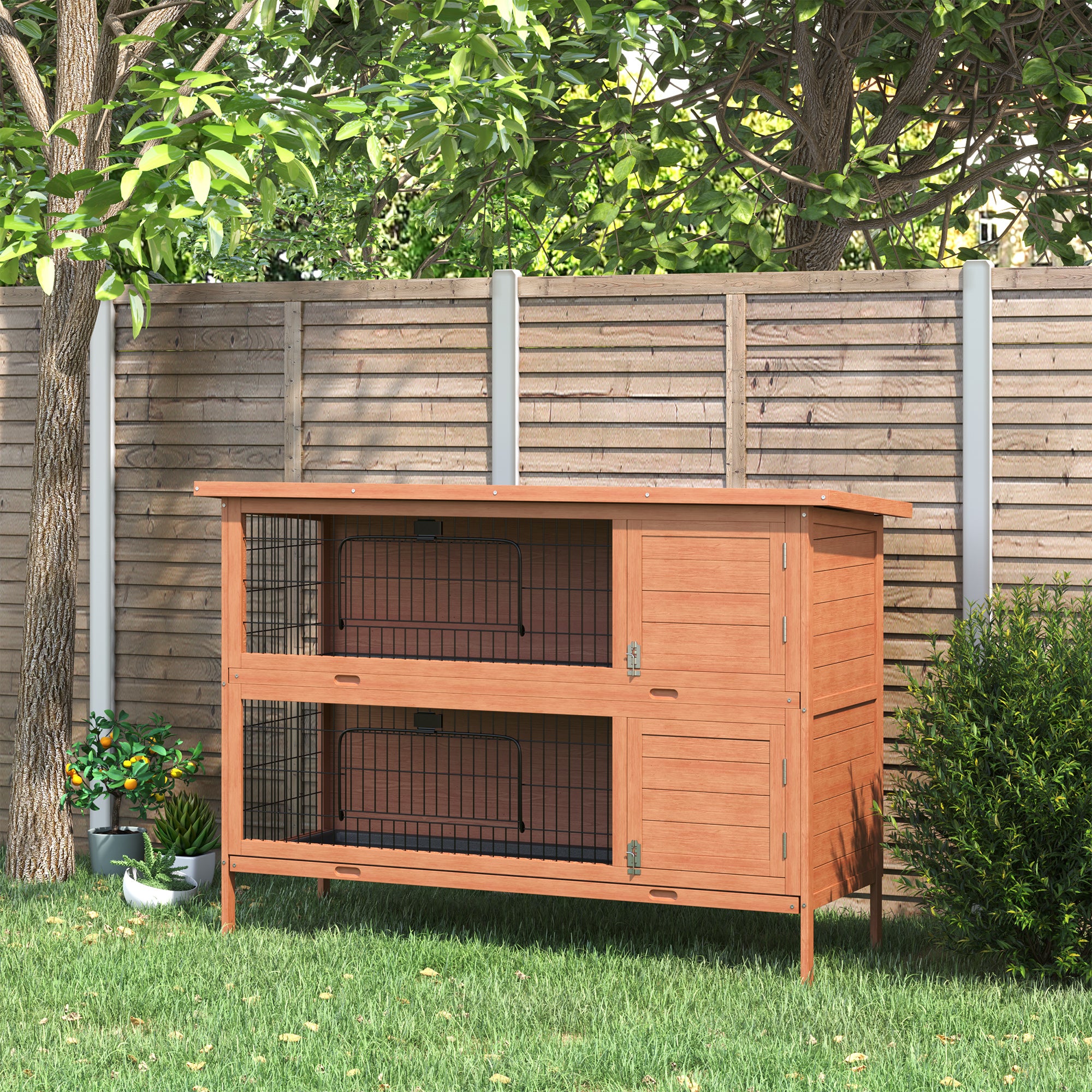 PawHut Rabbit Hutch Outdoor Guinea Pig Hutch Bunny Cage with No-Leak Trays, Divider, 136 x 50 x 93cm, Orange - North Peak Garden Furniture