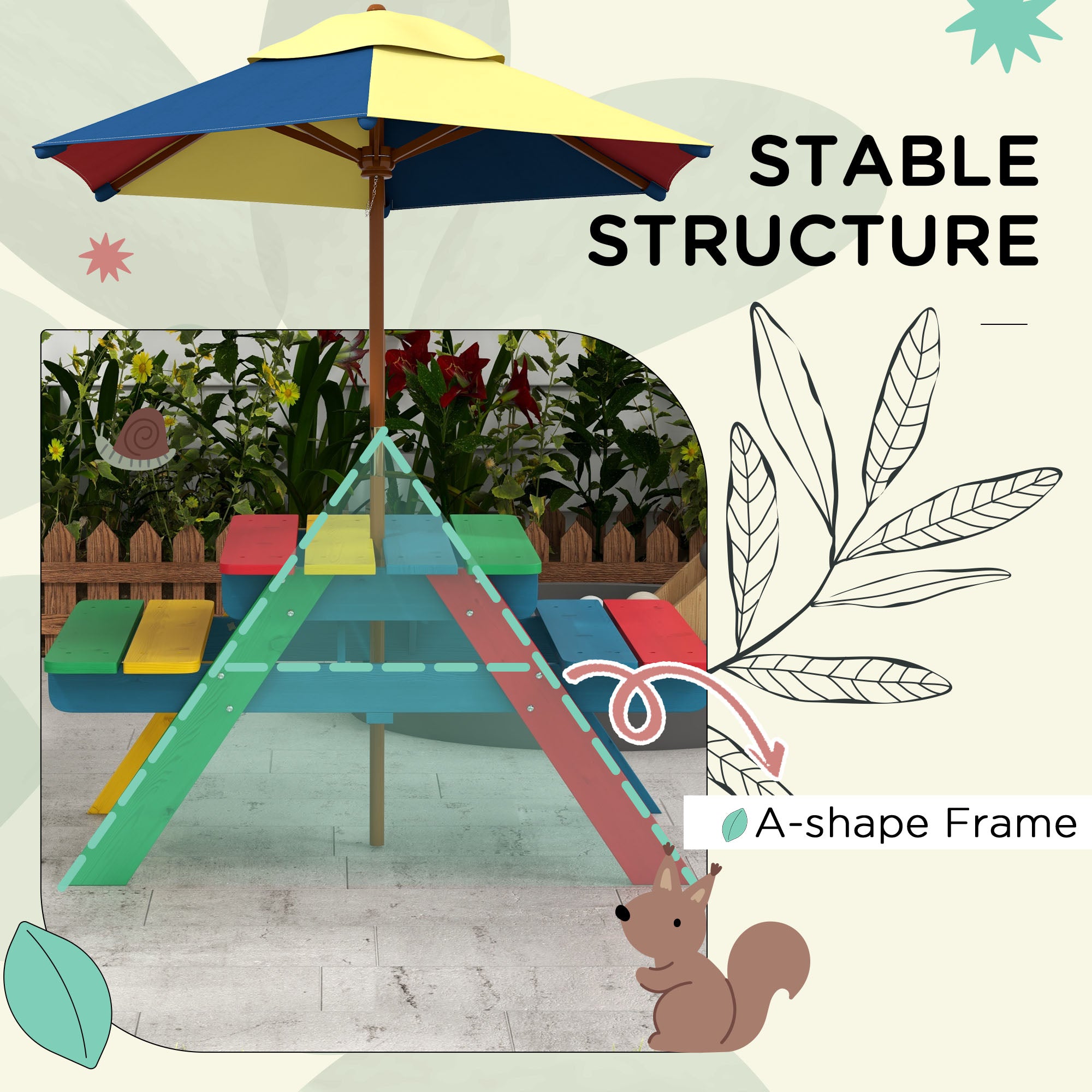 Outsunny Wooden Kids Table and Chair Set with Removable Parasol, for Ages 3-6 Years - Multicoloured - North Peak Garden Furniture