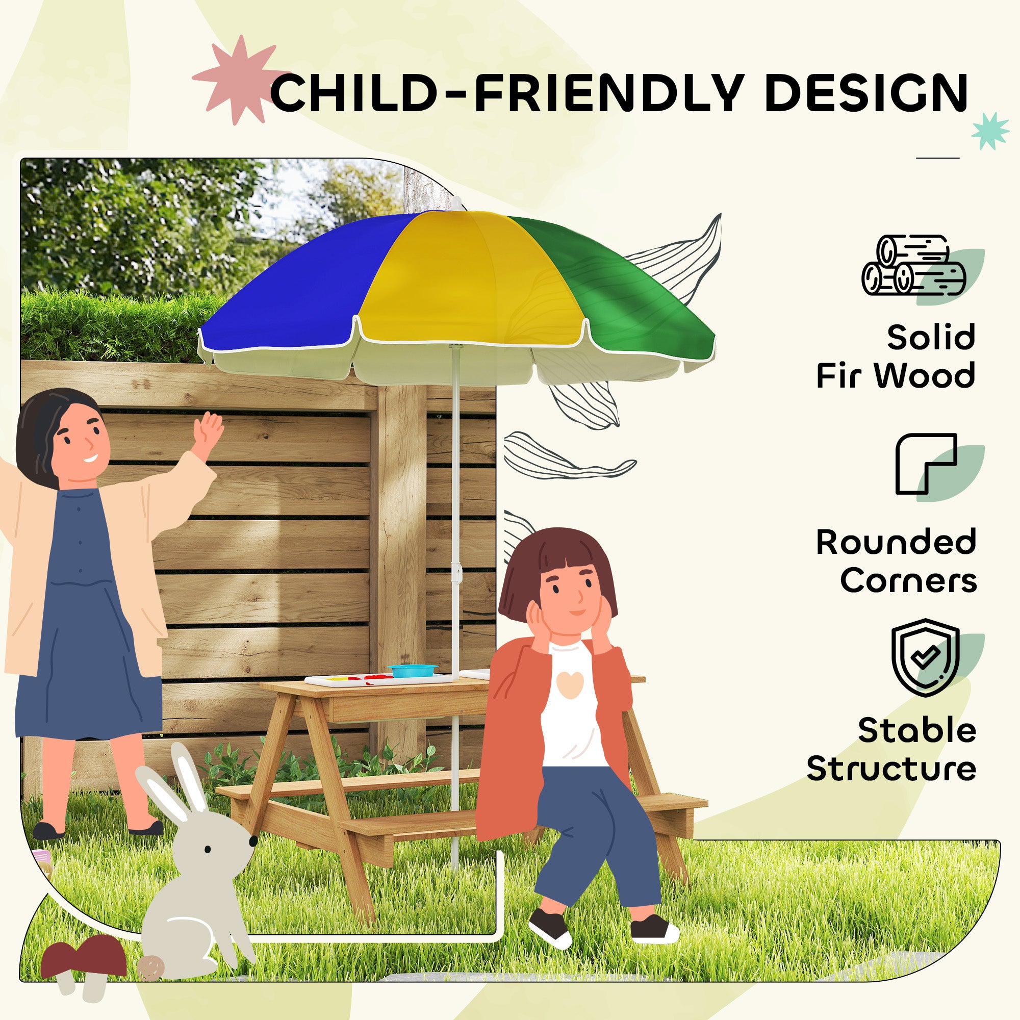 AIYAPLAY Kids Picnic Table, Sand and Water Table with Wooden Benches, Adjustable Parasol and Storage Bins, Multicolour - North Peak Garden Furniture