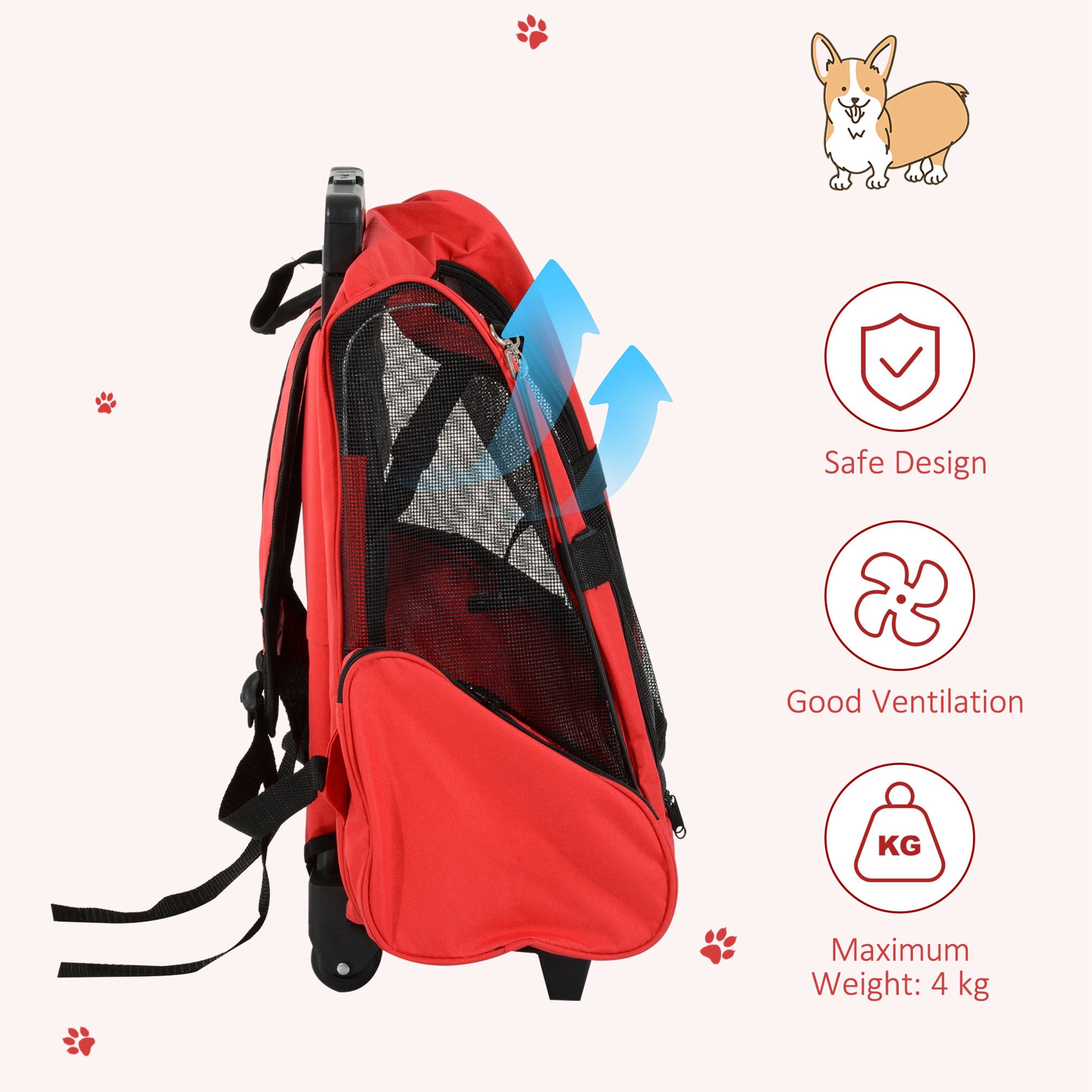 PawHut Pet Travel Backpack Bag Cat Puppy Dog Carrier w/ Trolley and Telescopic Handle Portable Stroller Wheel Luggage Bag (Red) - North Peak Garden Furniture