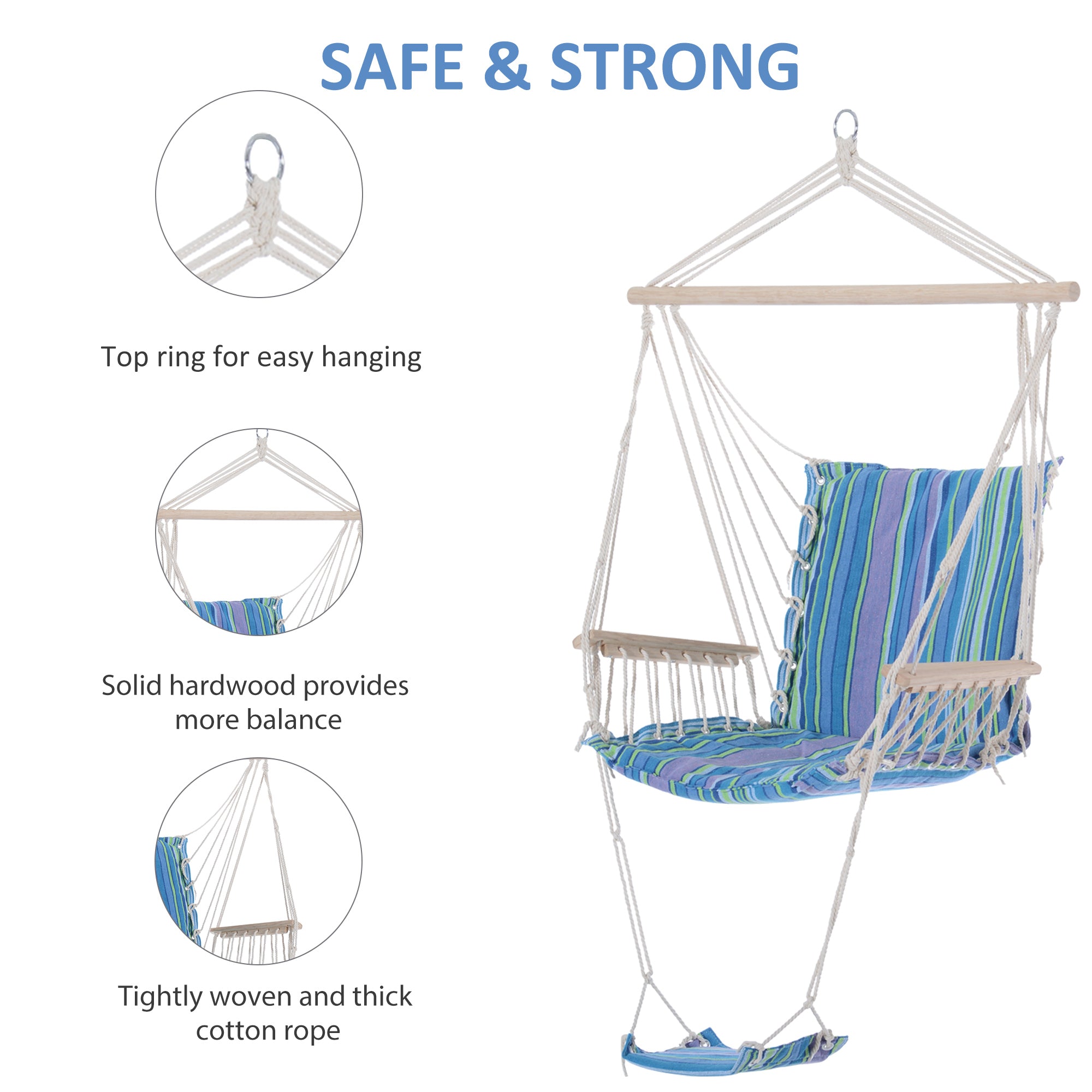Outsunny Hanging Rope Chair with Soft Padded Seat & Backrest, Portable Garden Hammoc Chair with Wooden Support Bar, Armrests, Cotton Cloth, Footrest, for Patio & Tree, Blue - North Peak Garden Furniture