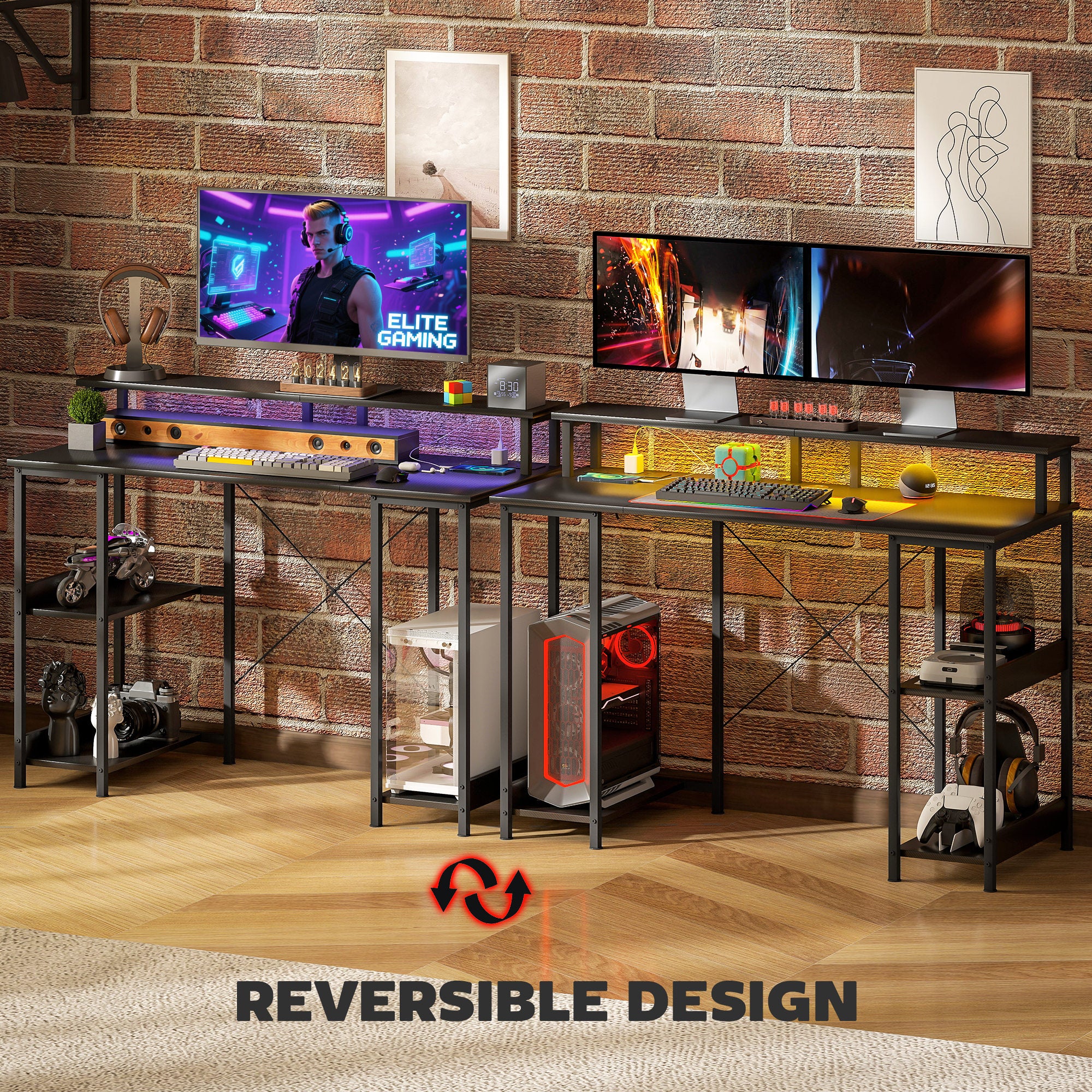 HOMCOM LED Computer Desk, with Power Outlets and Shelves - Carbon Fibre Grey