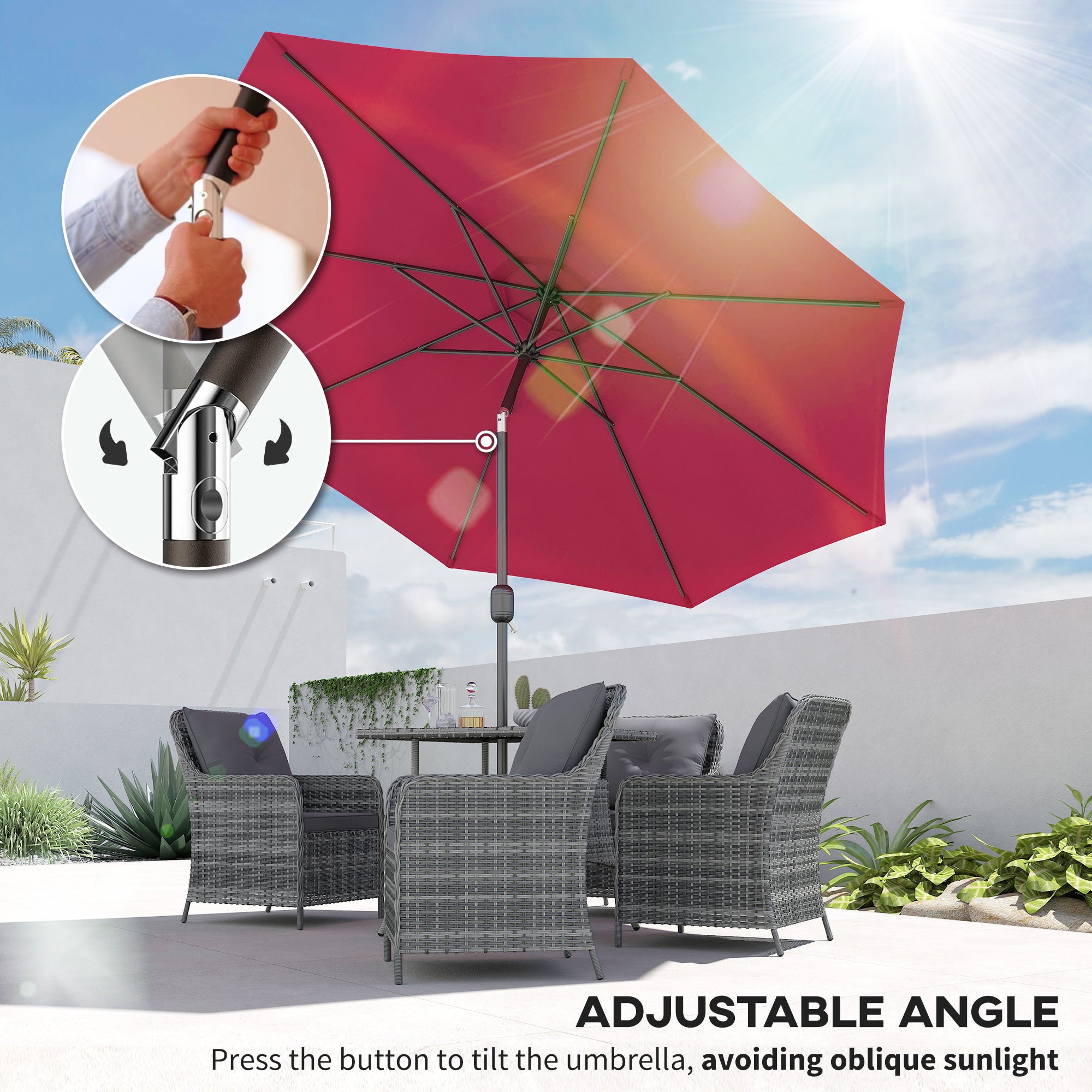 Outsunny 3(m) Tilting Parasol Garden Umbrellas, Outdoor Sun Shade with 8 Ribs, Tilt and Crank Handle for Balcony, Bench, Garden, Wine Red