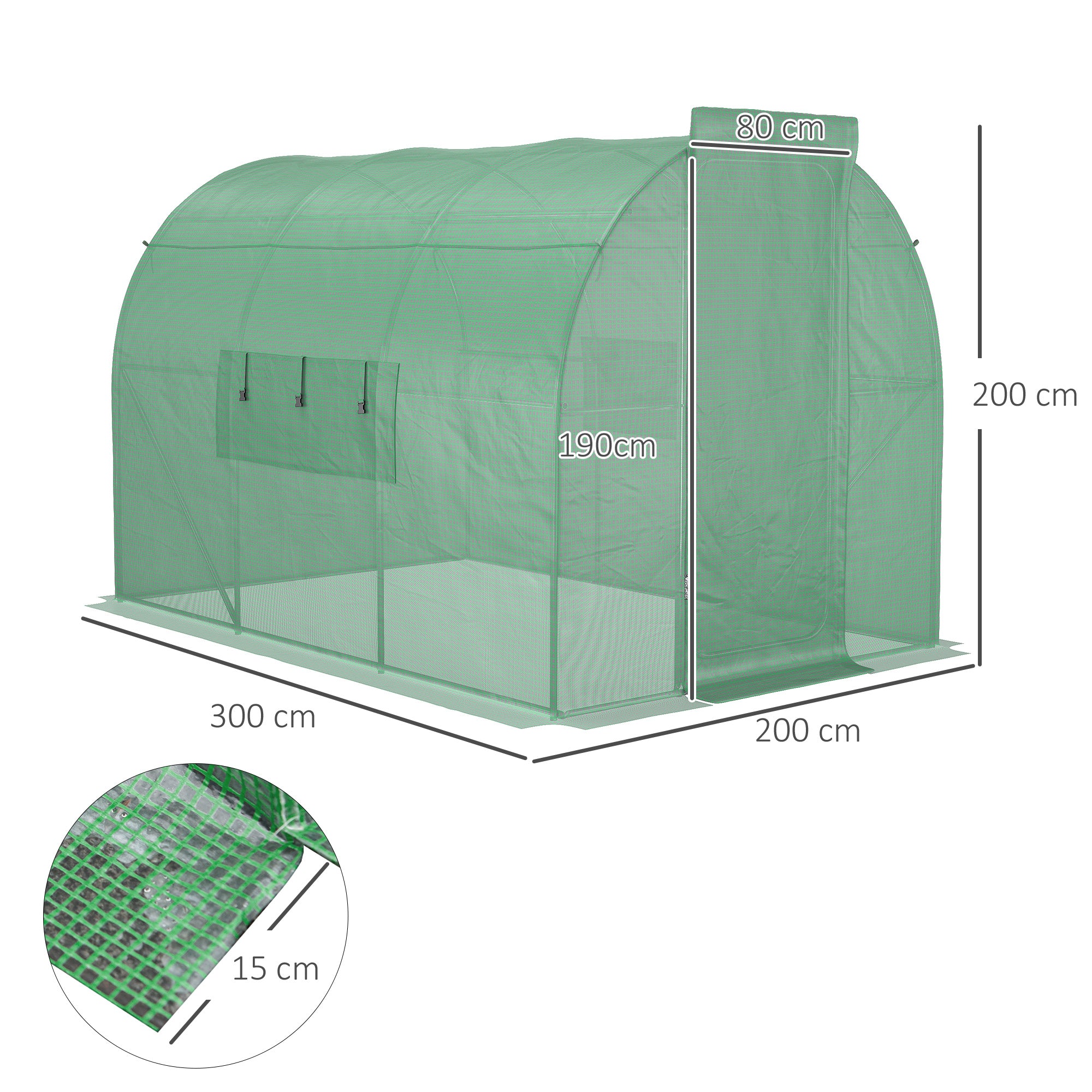 Outsunny Large Polytunnel Walk In Greenhouse, Plant Gardening Tunnel Green House with Metal Hinged Door, Galvanised Steel Frame & Mesh Windows, Green (3 x 2 m) - North Peak Garden Furniture