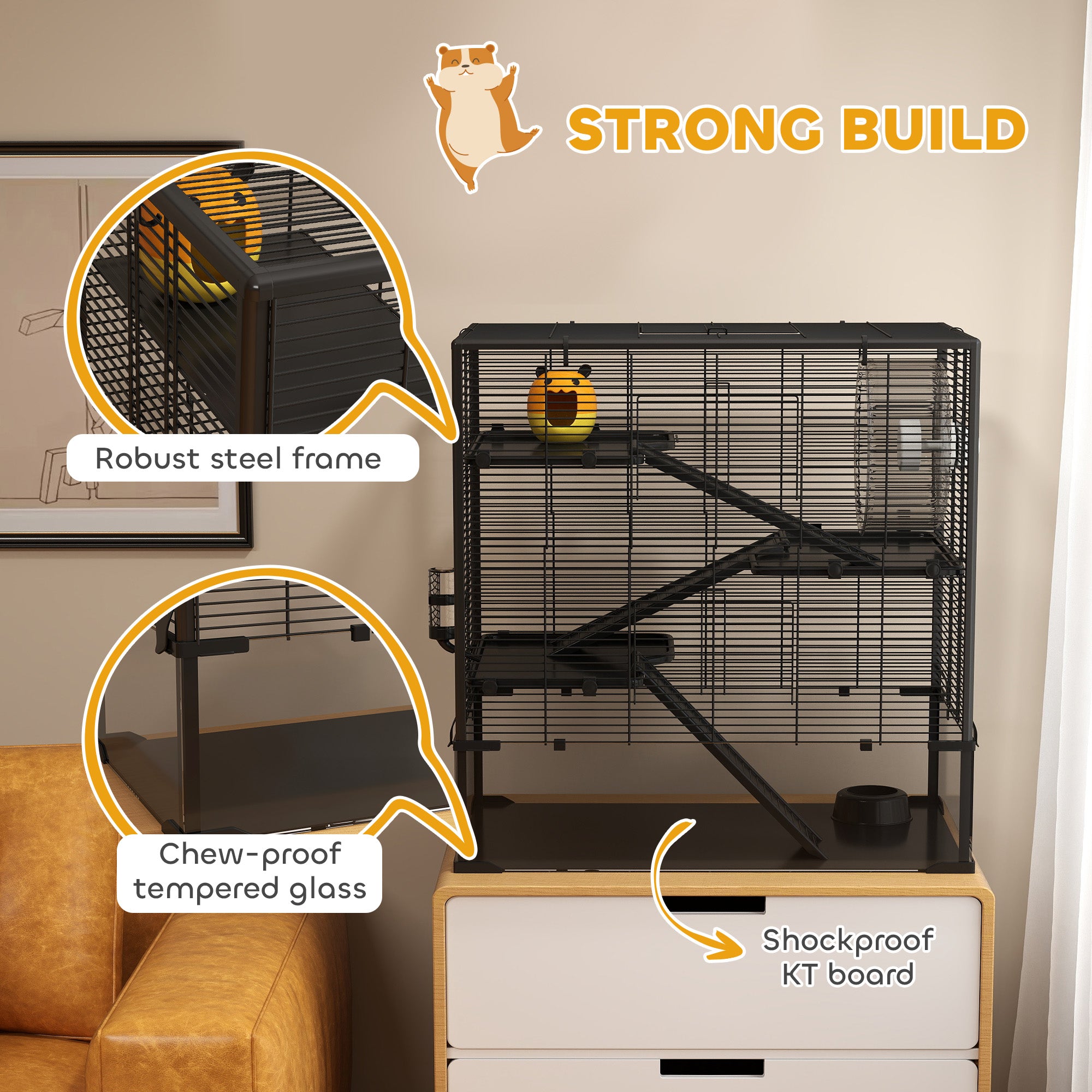 PawHut 4 Tiers Hamster Cage with Deep Tempered Glass Bottom, Hut, Running Wheel, Food Dish, Water Bottle, 78.5 x 48.5 x 80cm