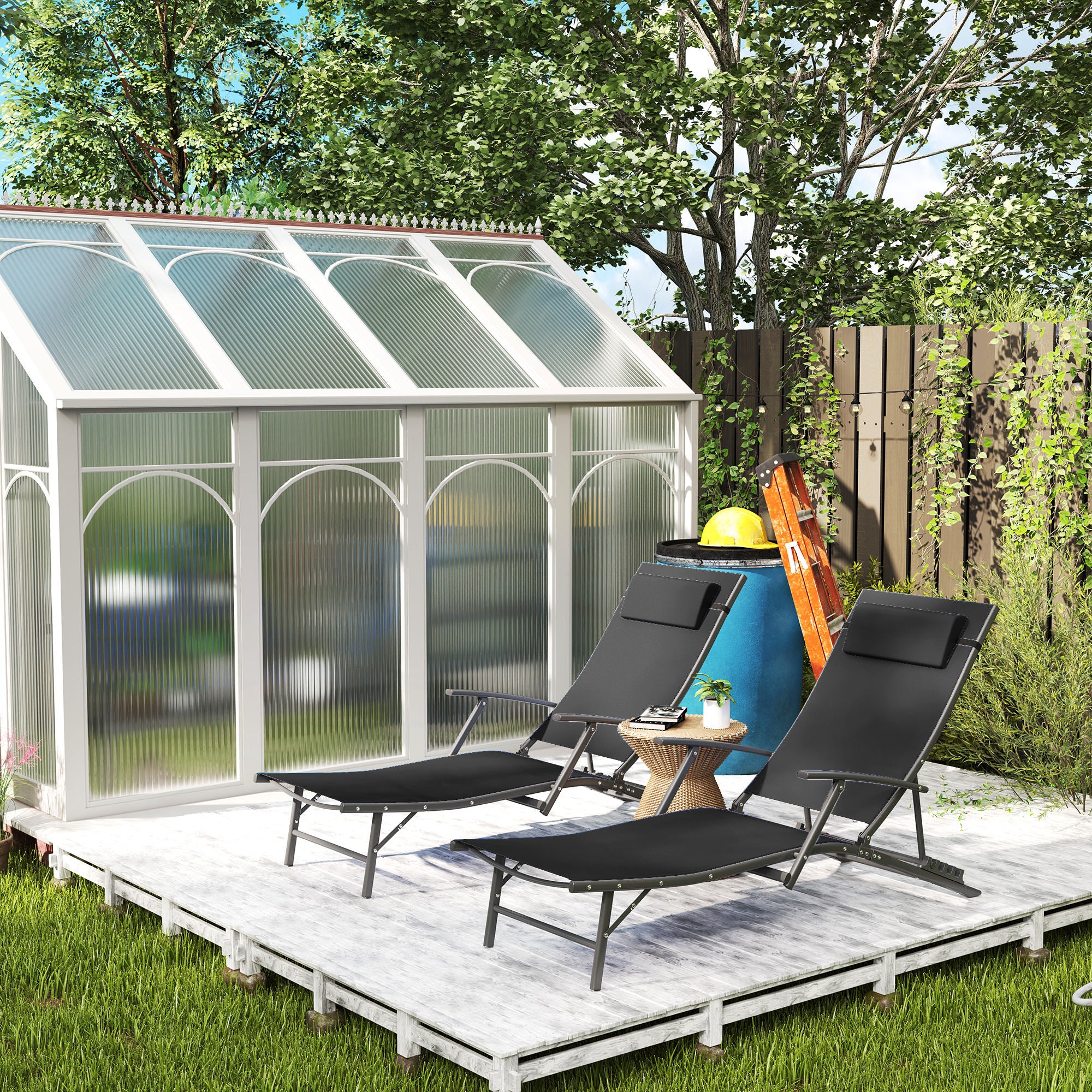 Outsunny Set of Two Adjustable Back Sun Loungers - Black - North Peak Garden Furniture