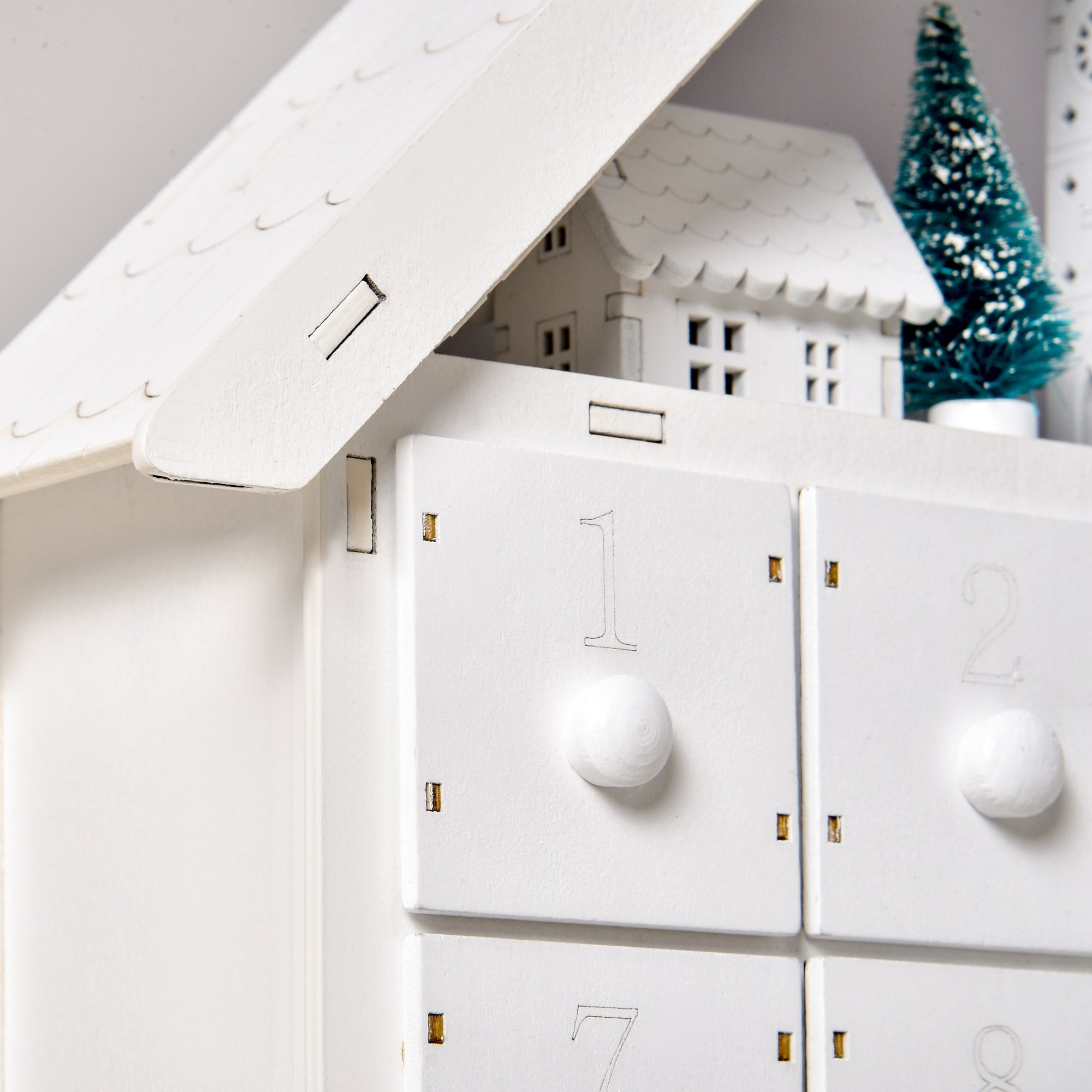 HOMCOM 24-Drawer Christmas Advent Calendar, Wooden Light-Up Traditional Decoration, Adults Kids Countdown Holiday House w/ Lights Handle White - North Peak Garden Furniture
