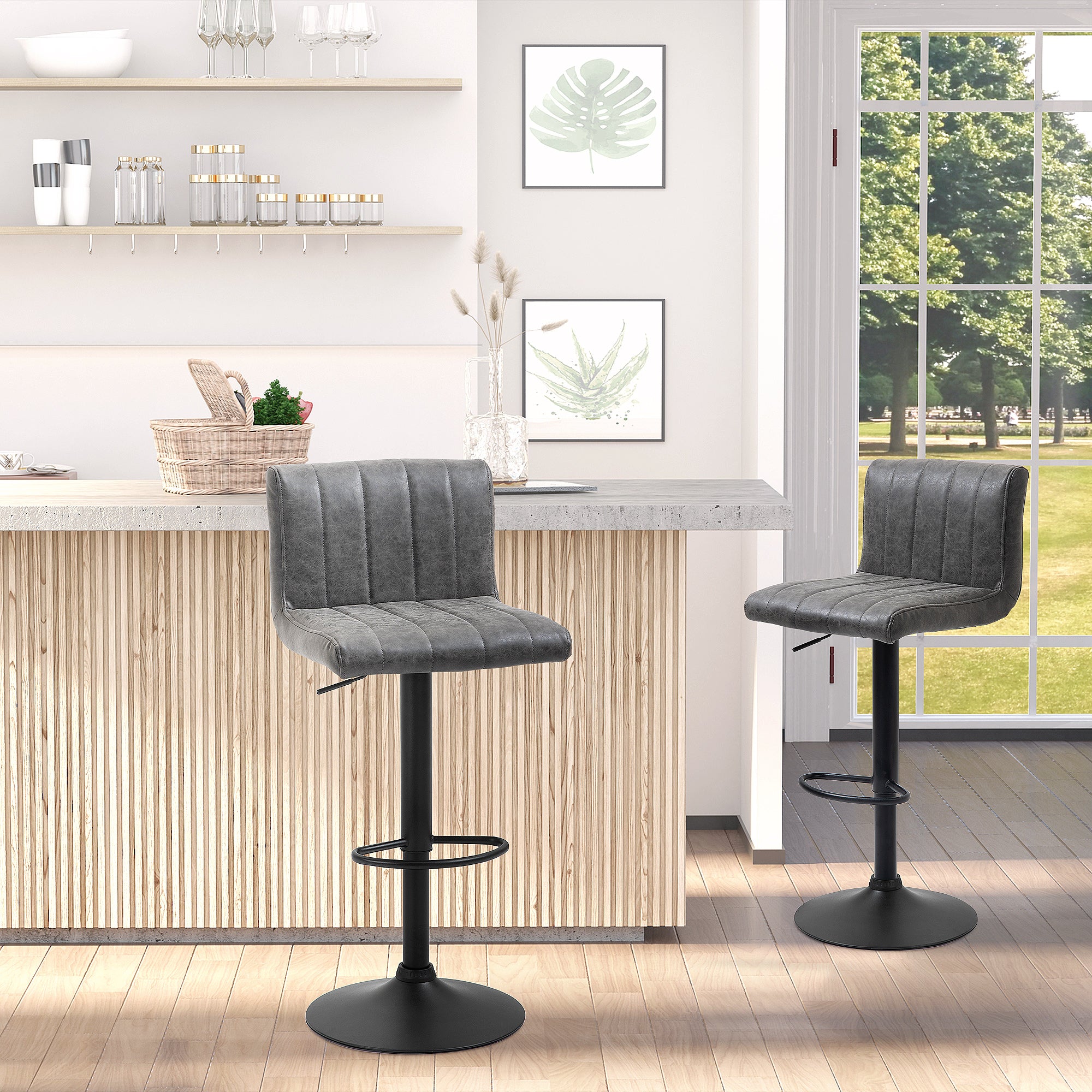 HOMCOM Adjustable Barstools Set of 2, Swivel Counter Bar Chairs, Bar Stools with Footrest, PU Leather, Gas Lift, Grey - North Peak Garden Furniture