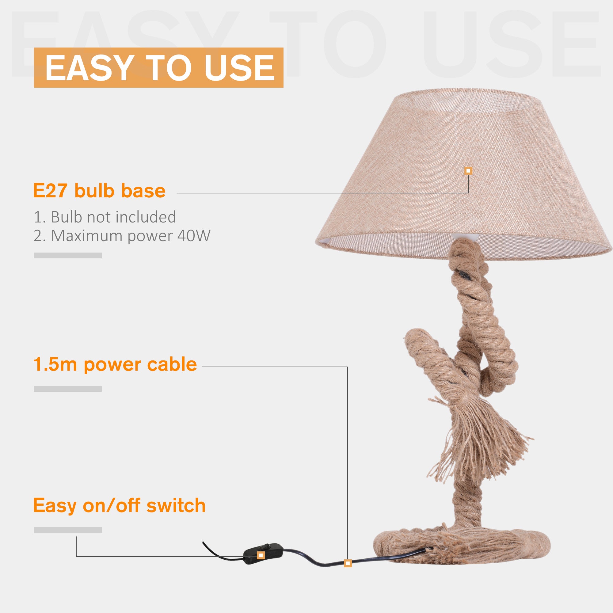 HOMCOM Table Lamp Bedside Light Indispensable Nautical Twisted Rope Glow E27 Bedroom Living Room Beige