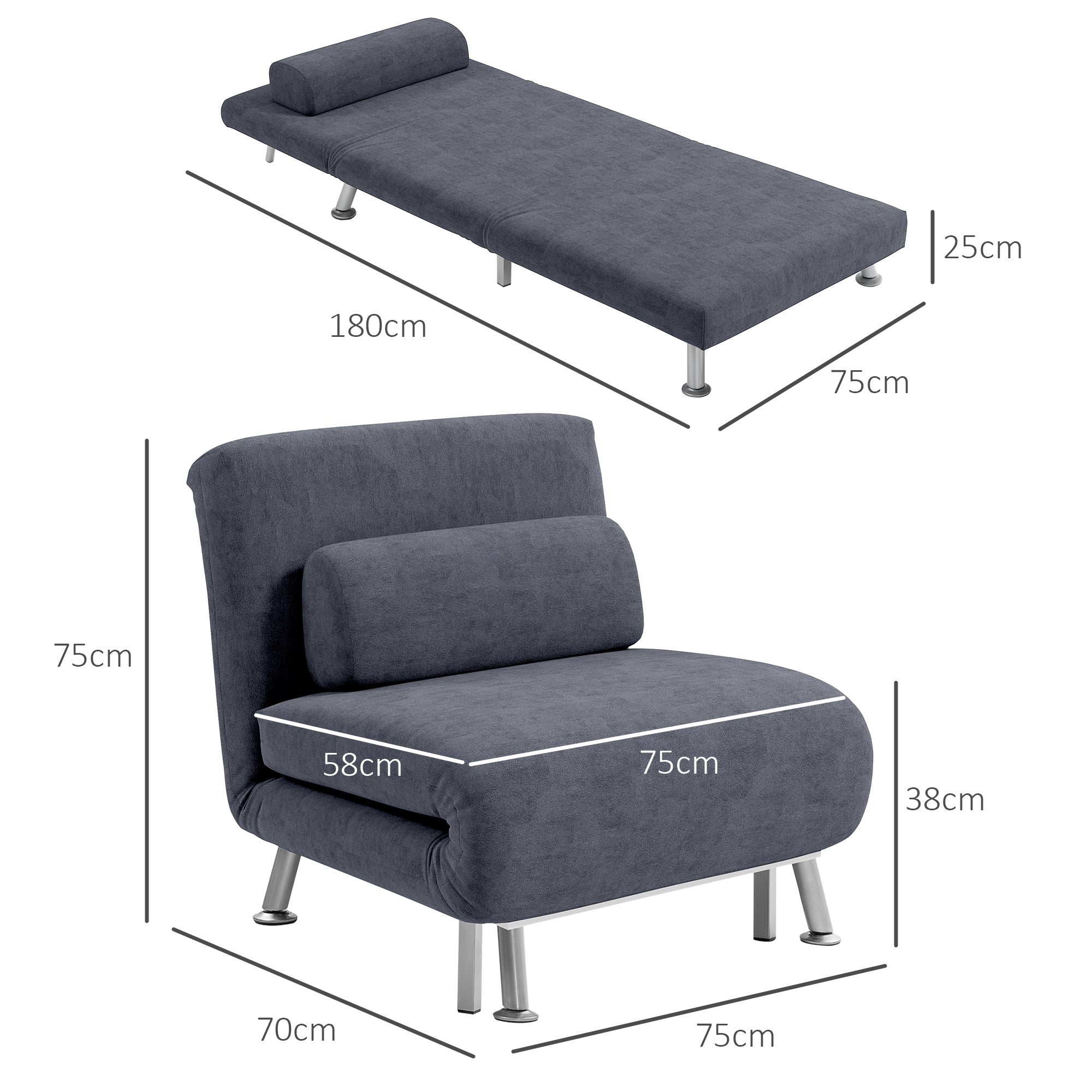 HOMCOM Single Velvet-Feel Sleeper Chair - Charcoal Grey - North Peak Garden Furniture