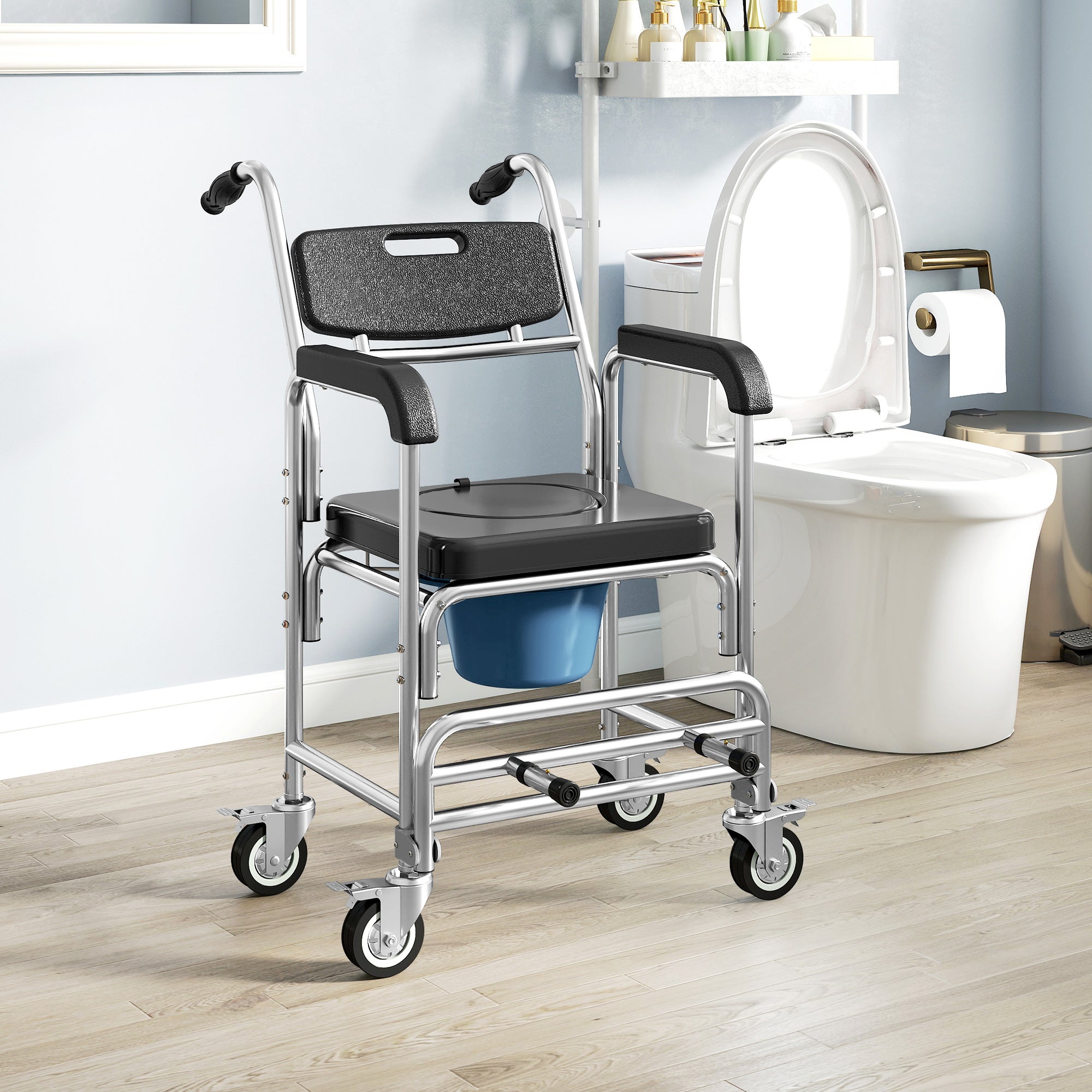 HOMCOM Transport Beside Shower Chair, 3-in-1 Commode Chair with Wheels and Padded Seat, Black