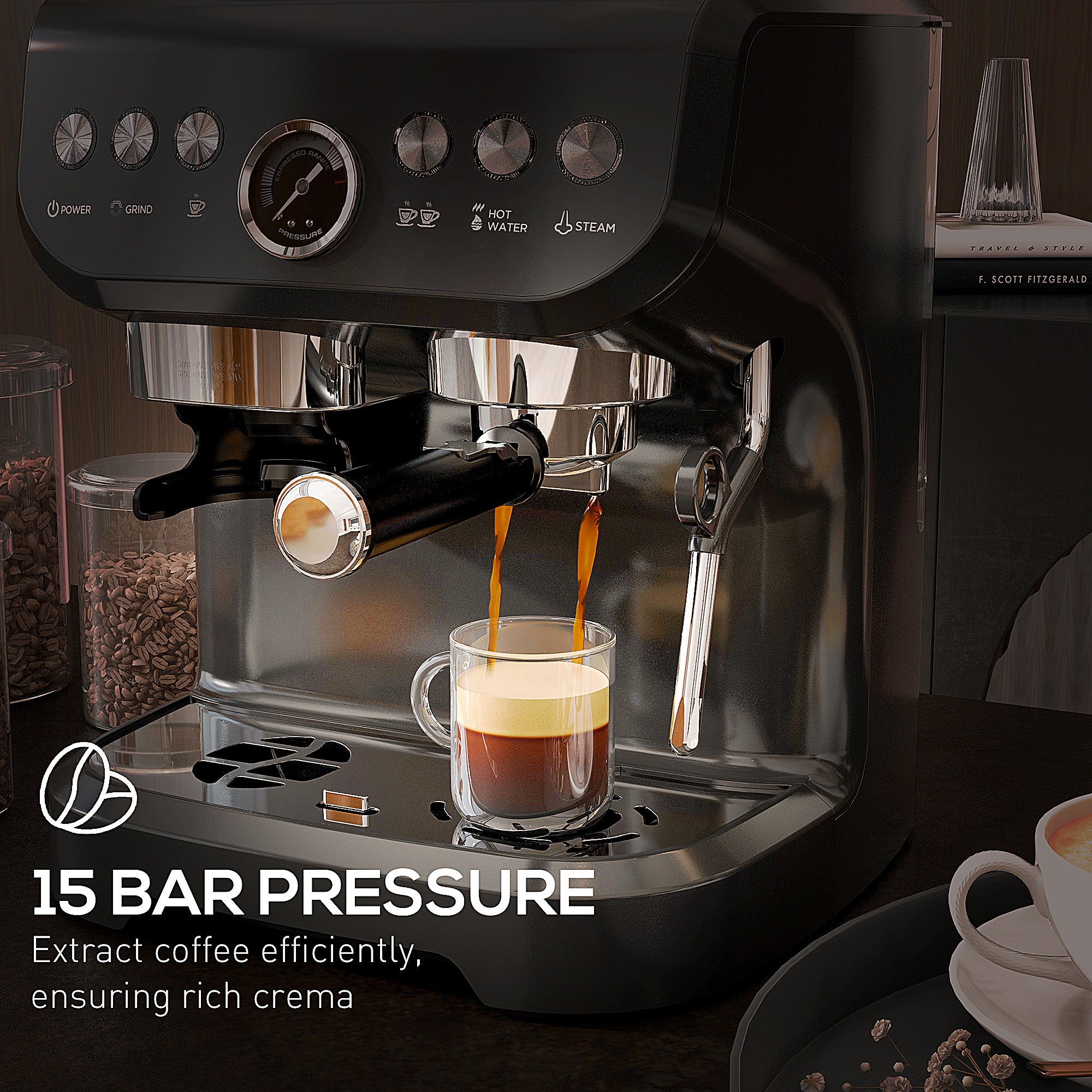 HOMCOM 15 Bar Coffee Machine, with Adjustable Grind, Steamer and Accessories - North Peak Garden Furniture