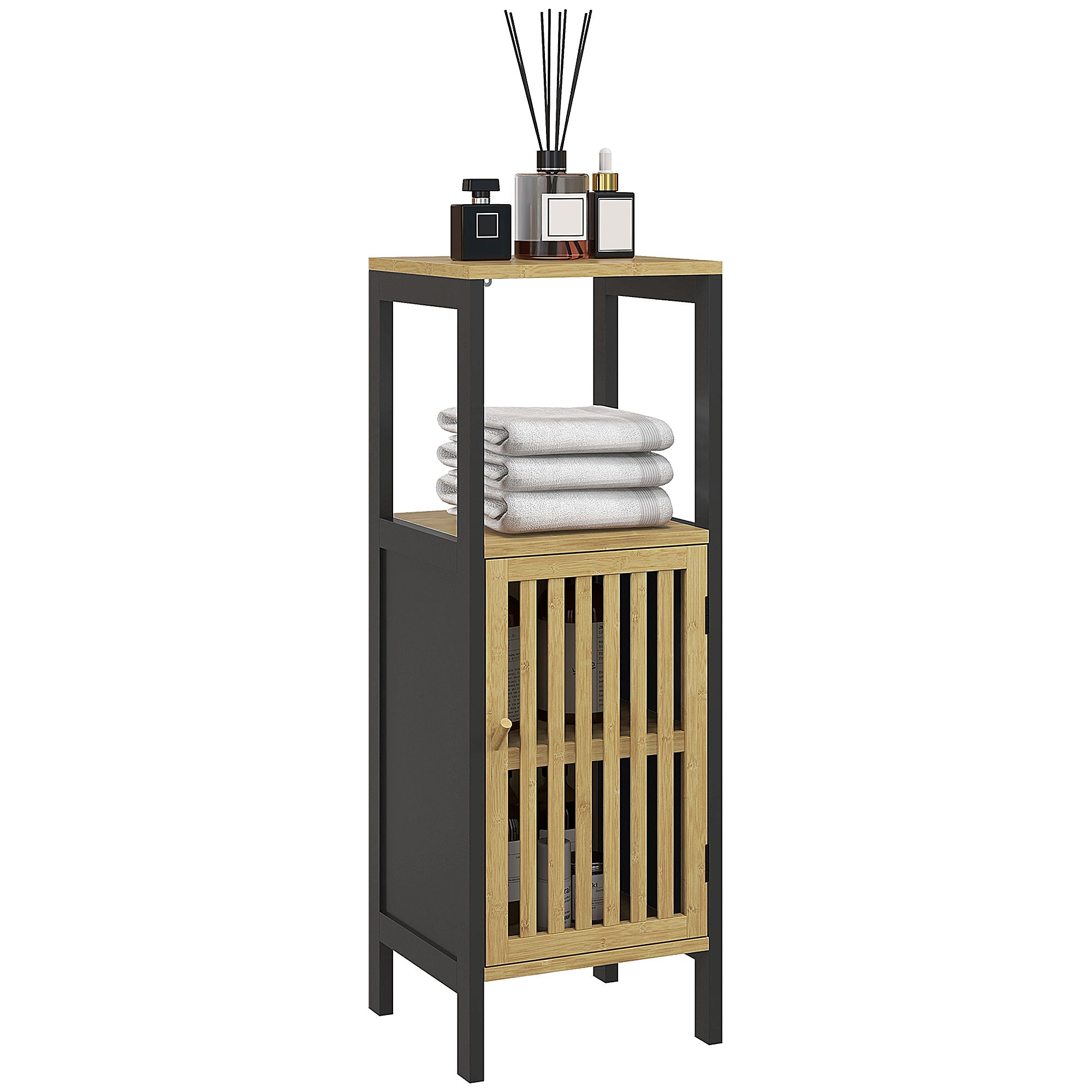 HOMCOM Bamboo-Blend Retro Cut-Out Bathroom Storage Unit, with Cupboard - North Peak Garden Furniture