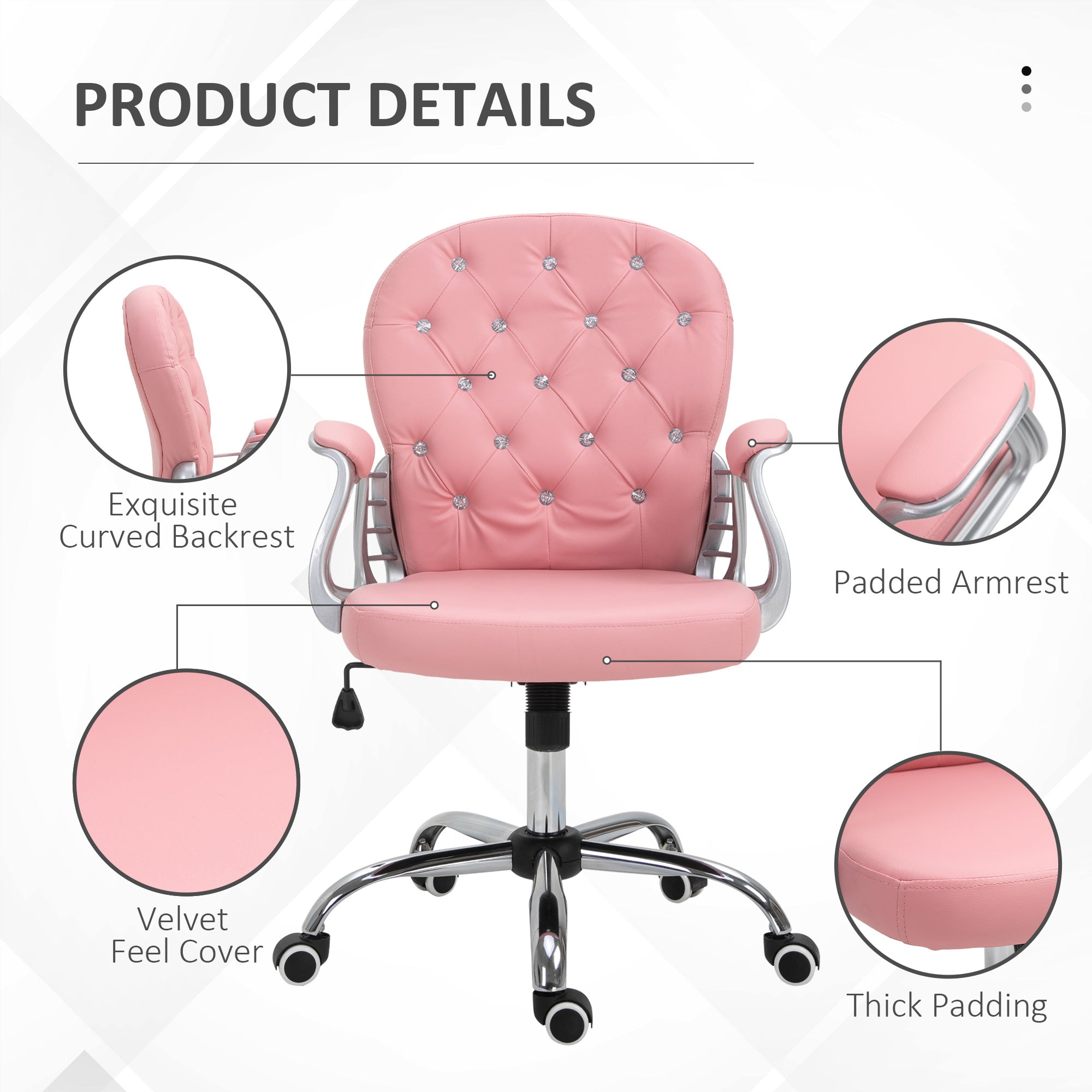 Vinsetto Office Chair Ergonomic 360° Swivel PU Diamante Padded Base 5 Castor Wheels for Home Work Pink - North Peak Garden Furniture