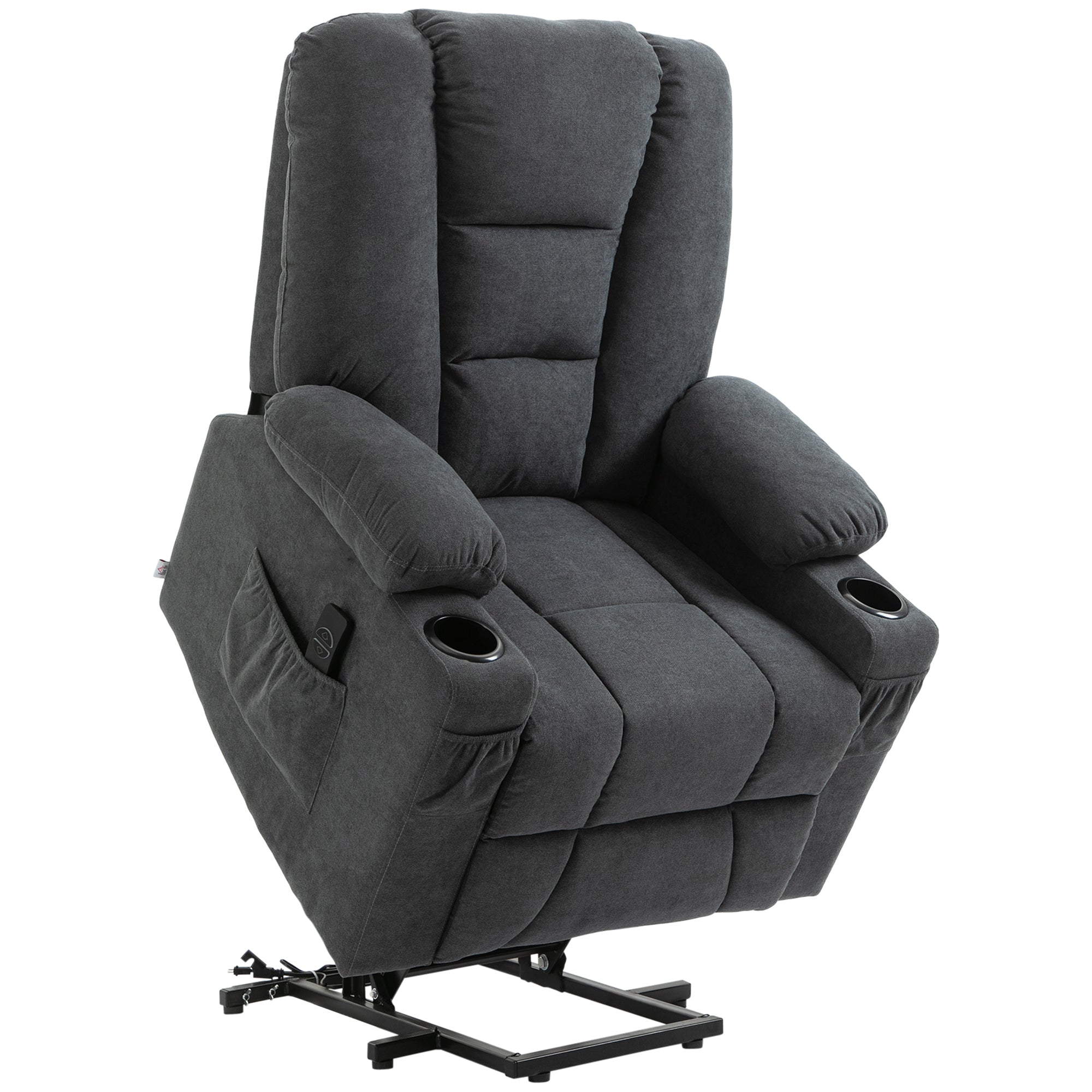 HOMCOM Oversized Riser and Recliner Chairs for the Elderly, Fabric Upholstered Lift Chair for Living Room with Remote Control, Side Pockets, Cup Holder, Charcoal Grey - North Peak Garden Furniture