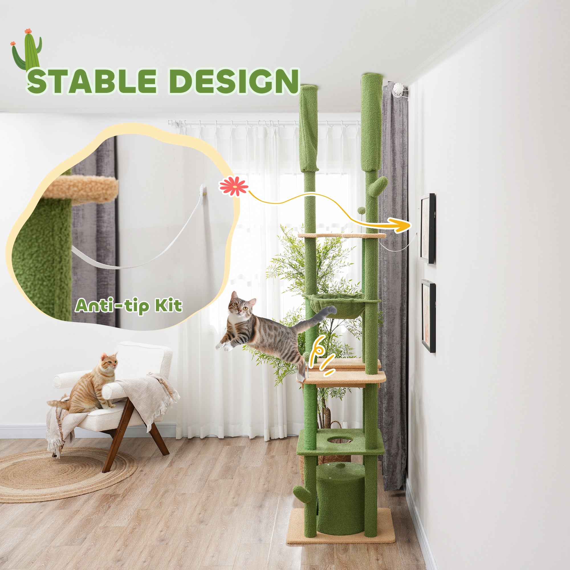 PawHut 225-255cm Height Adjustable Floor to Ceiling Cat Tree, Tall Cat Tower for Indoor Cats w/ Scratching Posts - Green - North Peak Garden Furniture