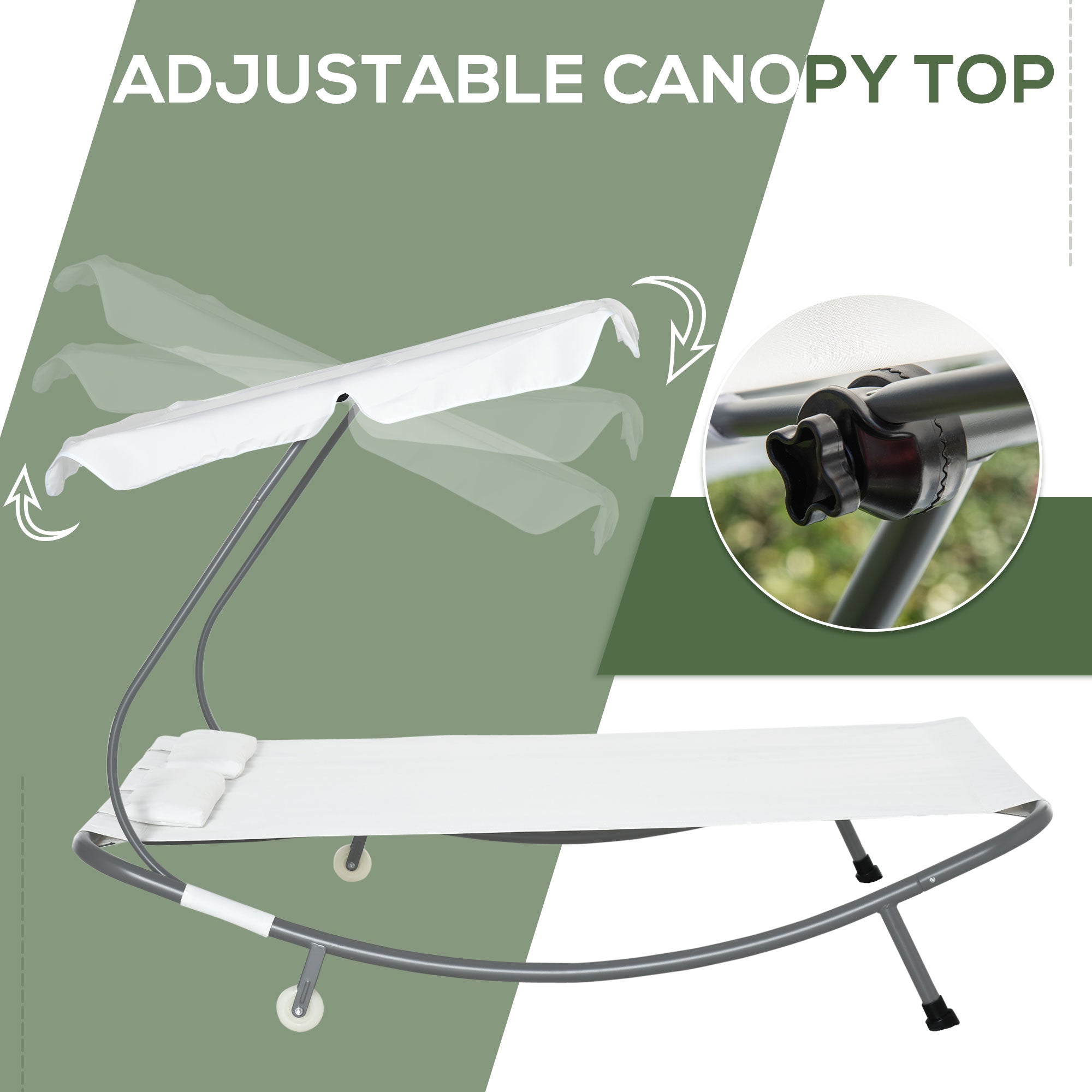Outsunny Patio Double Hammock Sun Lounger Bed w/ Canopy Shelter, Wheels & 2 Pillows, White - North Peak Garden Furniture