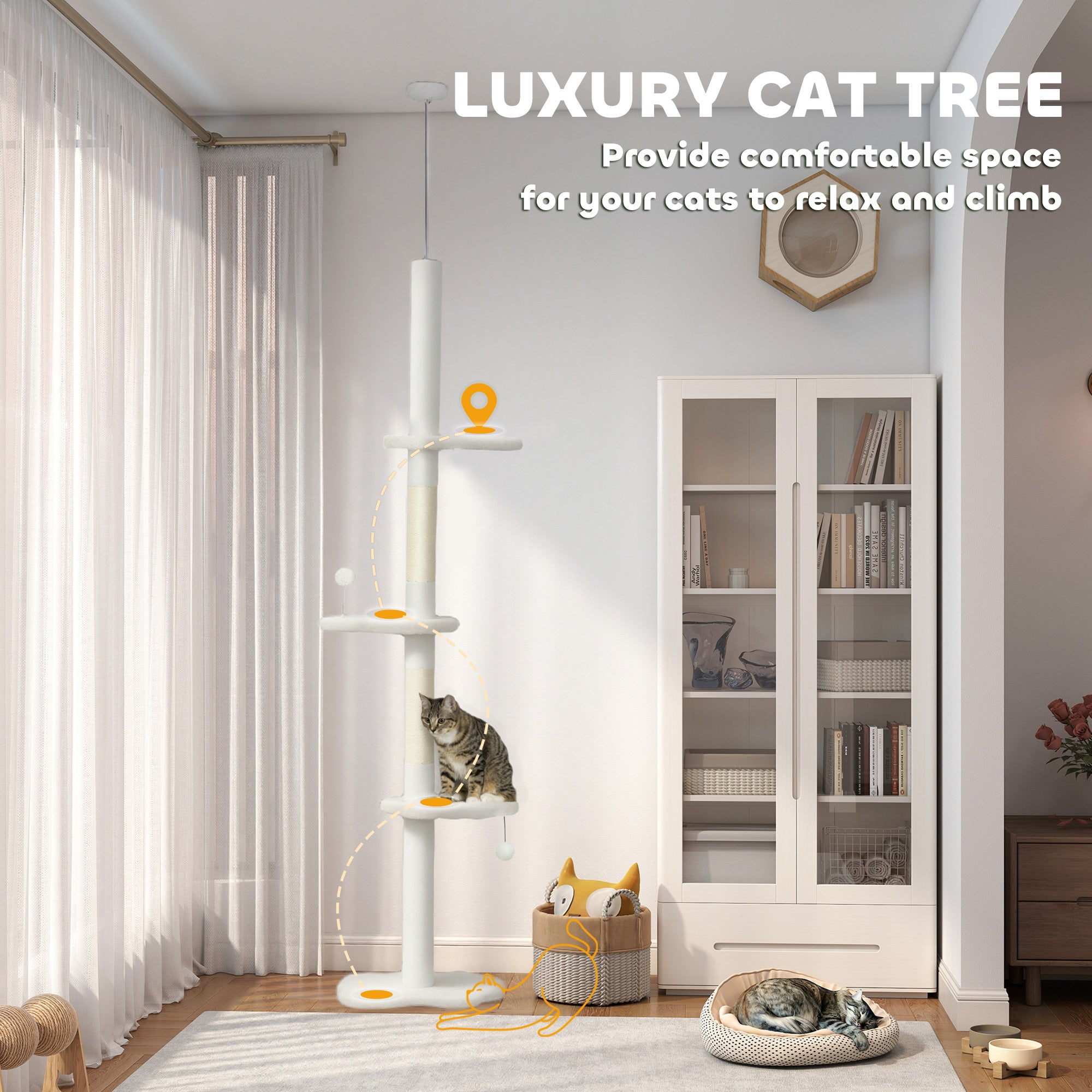 PawHut 225-255 cm Adjustable Cat Climbing Tower with Sisal Scratching Posts, 2 Hanging Play Balls and Anti-Tip Strap, Beige