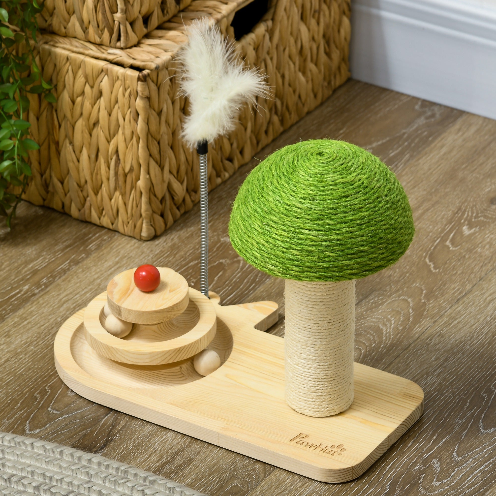 PawHut Mushroom-Shaped Cat Scratching Post, with Toy Balls, Feather for Indoor Cats, 35 x 21 x 26cm - Natural Tone - North Peak Garden Furniture