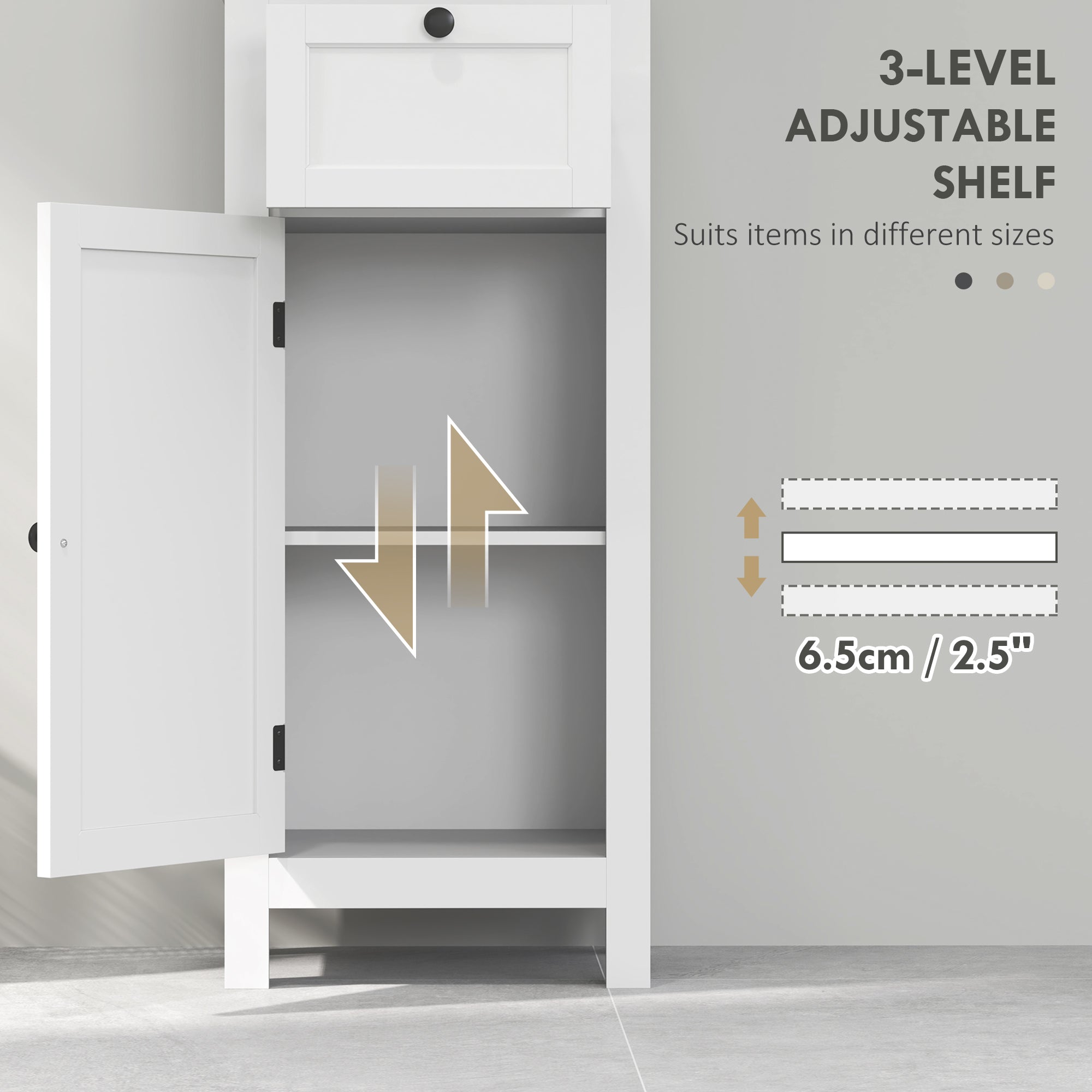 HOMCOM Tall Bathroom Cabinet, Slim Bathroom Storage Cabinet with 2 Open Shelves, Soft Close Door and Drawer, Adjustable Shelf, Narrow Cupboard Storage Unit, White - North Peak Garden Furniture