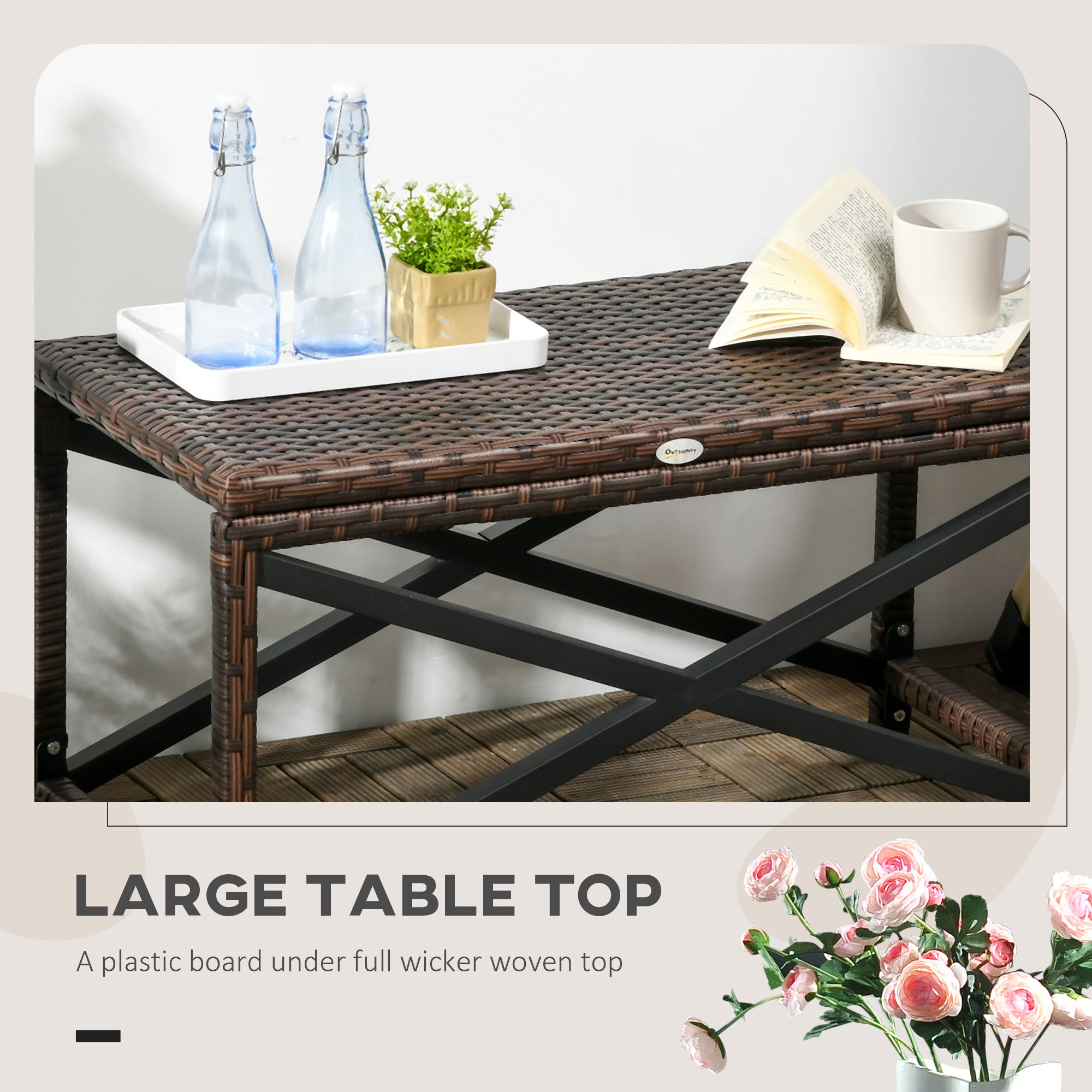 Outsunny PE Rattan Garden Side Table, Outdoor Coffee Table with X-Shape Frame, Mixed Brown