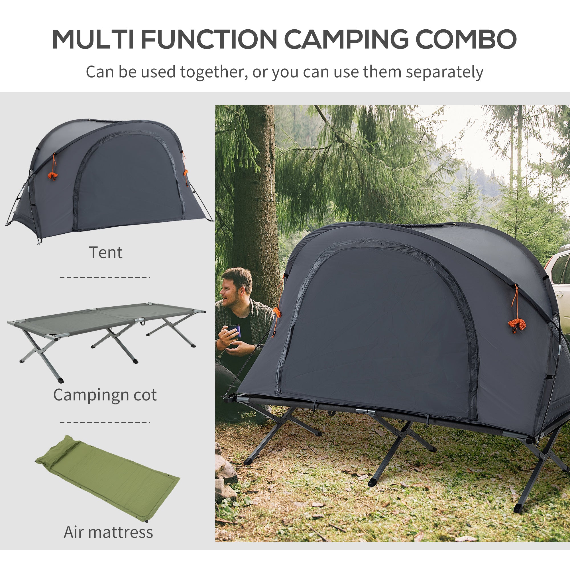 Outsunny Folding Camping Tent Cot, Portable Tent Shelter Combo with Self-Inflating Air Mattress Carry Bag for 1 Person