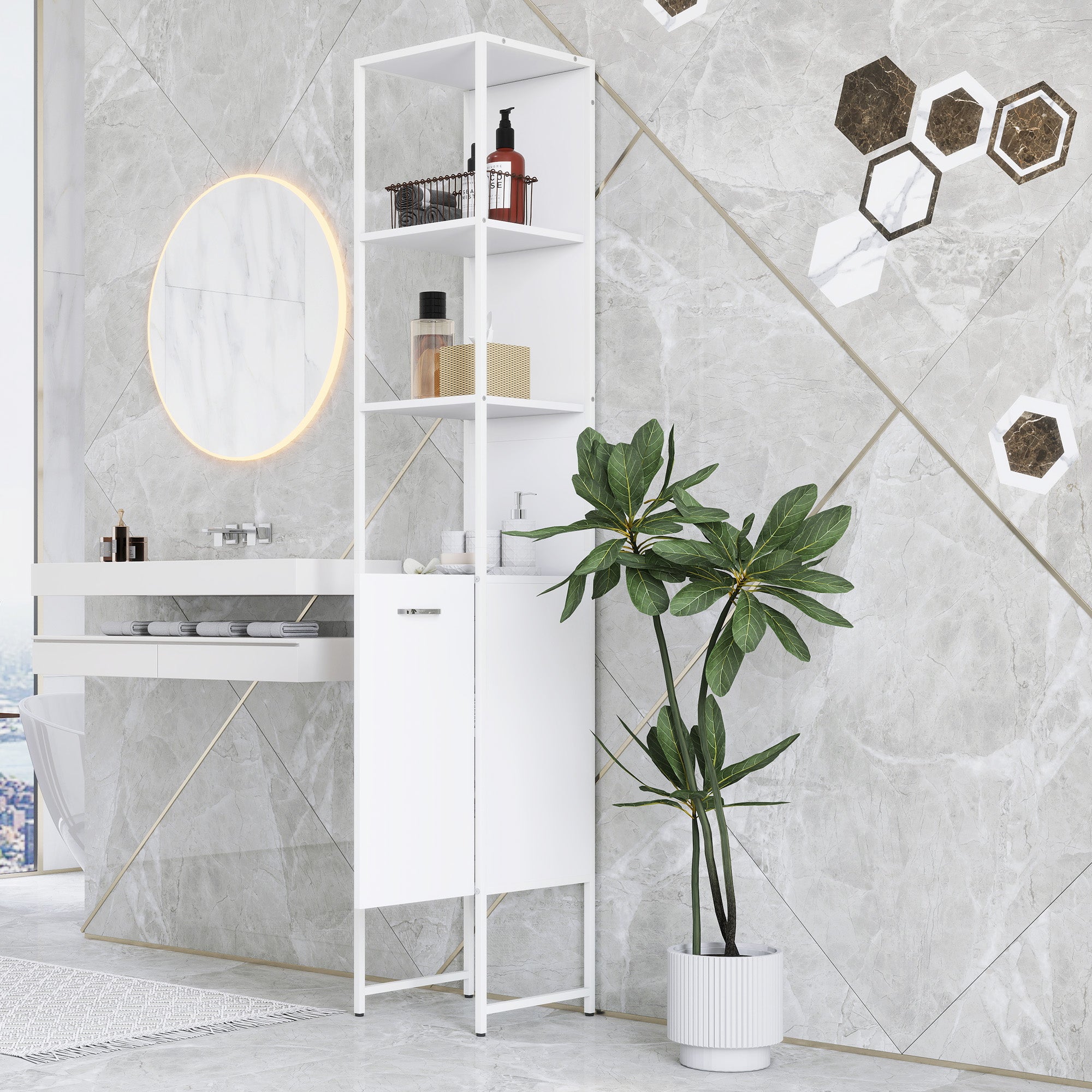 HOMCOM Tall Bathroom Cabinet with Open Shelves and Adjustable Shelf - White - North Peak Garden Furniture