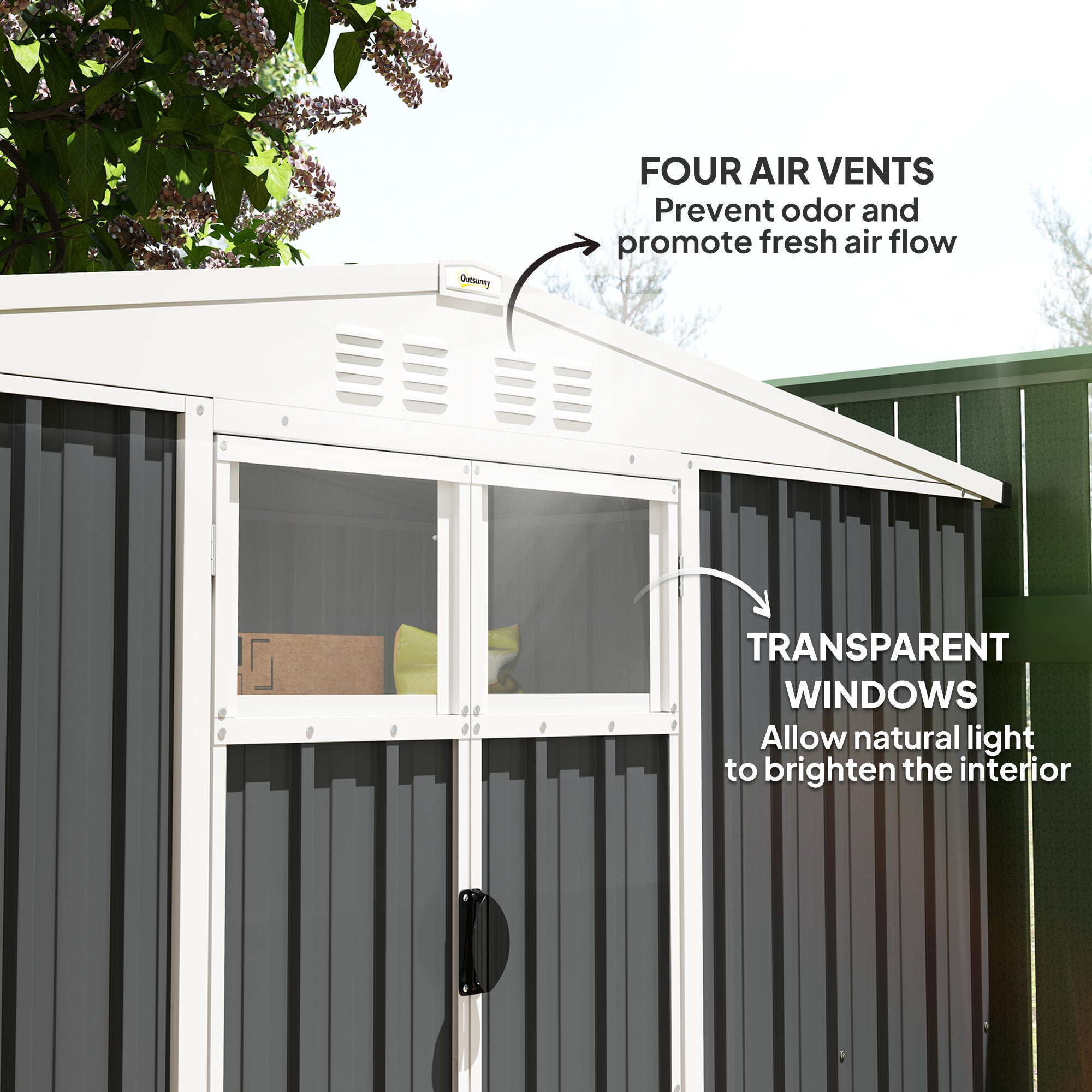 Outsunny 8 x 4 ft Metal Garden Shed, Garden Storage Shed with Window, 4 Vents and Lockable Door, Waterproof Galvanised Steel Tool Storage Shed, Dark Grey - North Peak Garden Furniture