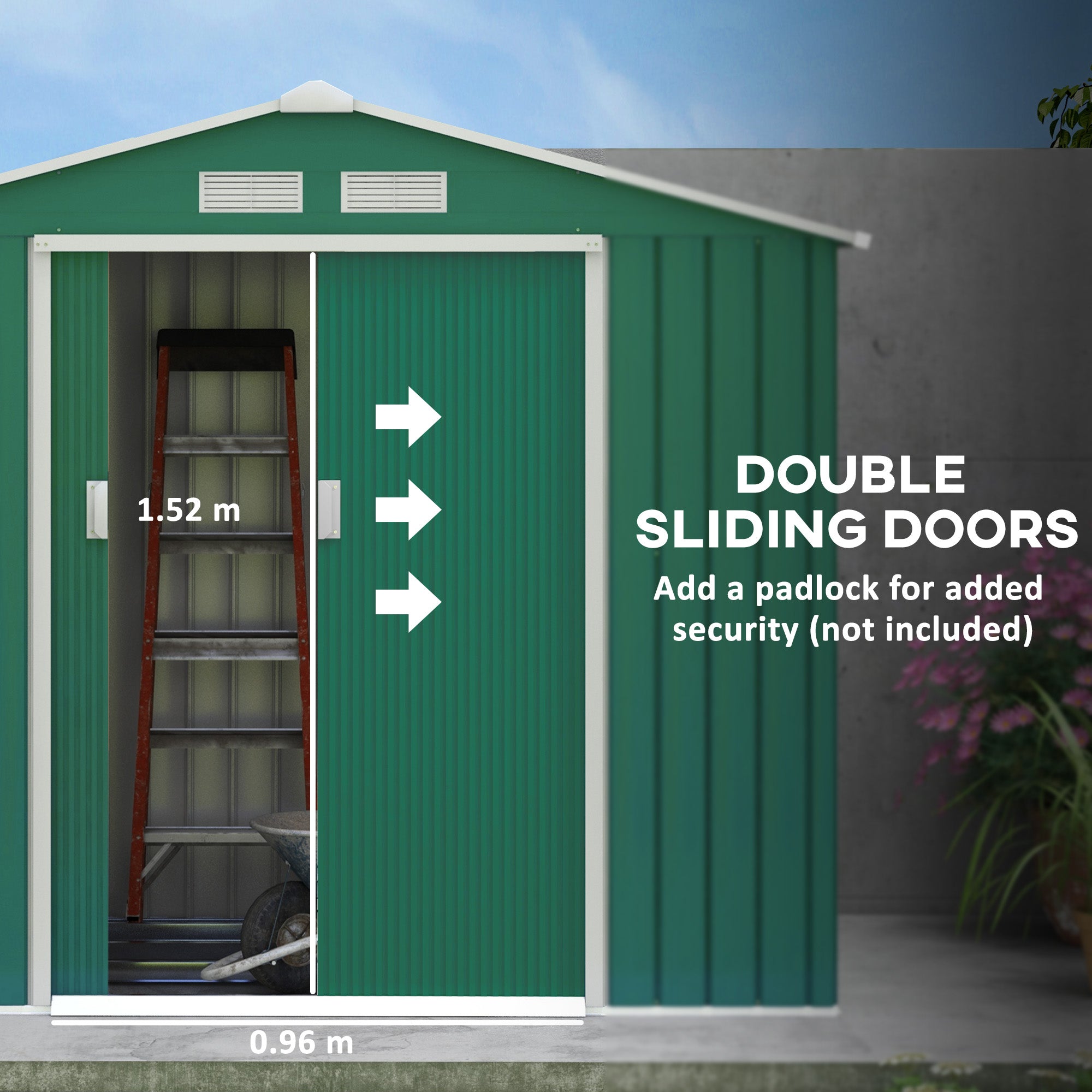 Outsunny 7 x 4ft Metal Garden Shed, Outdoor Storage Tool House with Ventilation Slots, Foundation Kit and Lockable Double Doors, Green - North Peak Garden Furniture