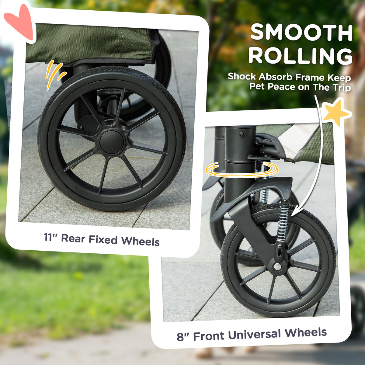 PawHut Foldable Pet Stroller for Medium Dogs with Four Big Wheels, Shock-Absorbing Frame, Safety Leashes, Brakes, Dark Green