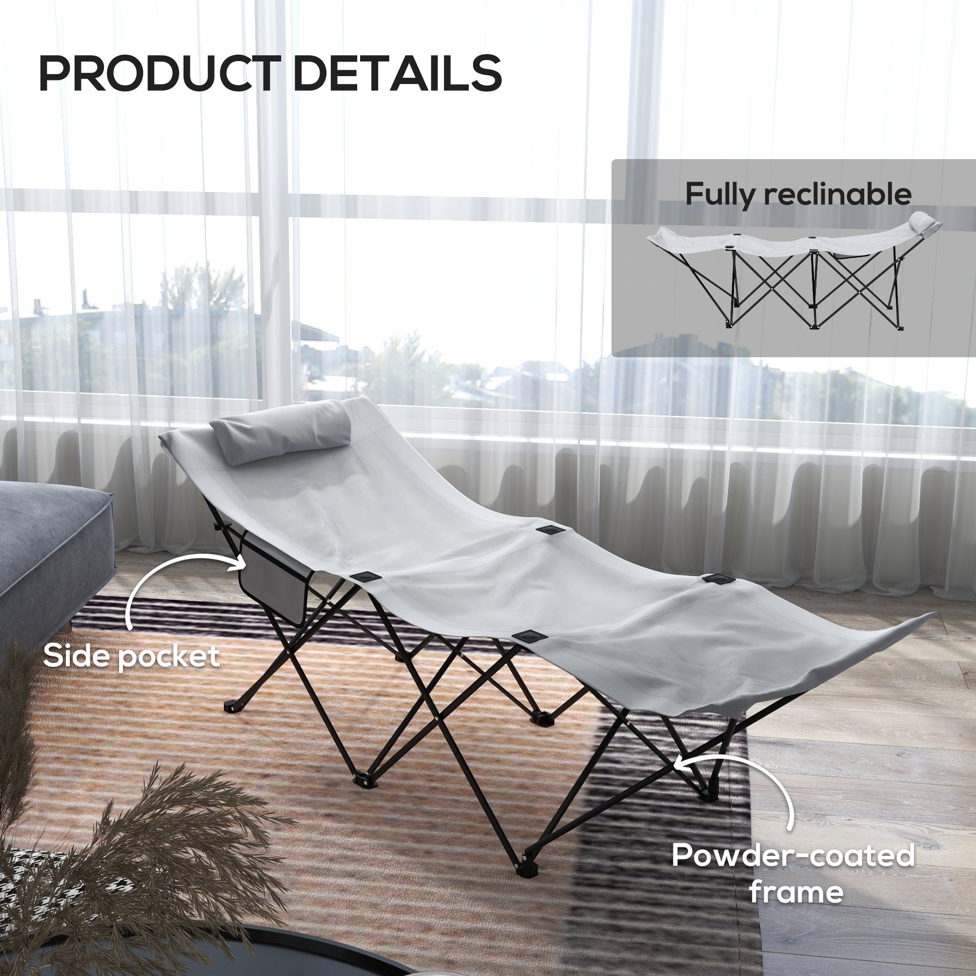 Outsunny Foldable Sun Lounger, Outdoor Tanning Sun Lounger Chair with Side Pocket, Headrest, Oxford Seat, for Beach, Yard, Patio, Light Grey - North Peak Garden Furniture