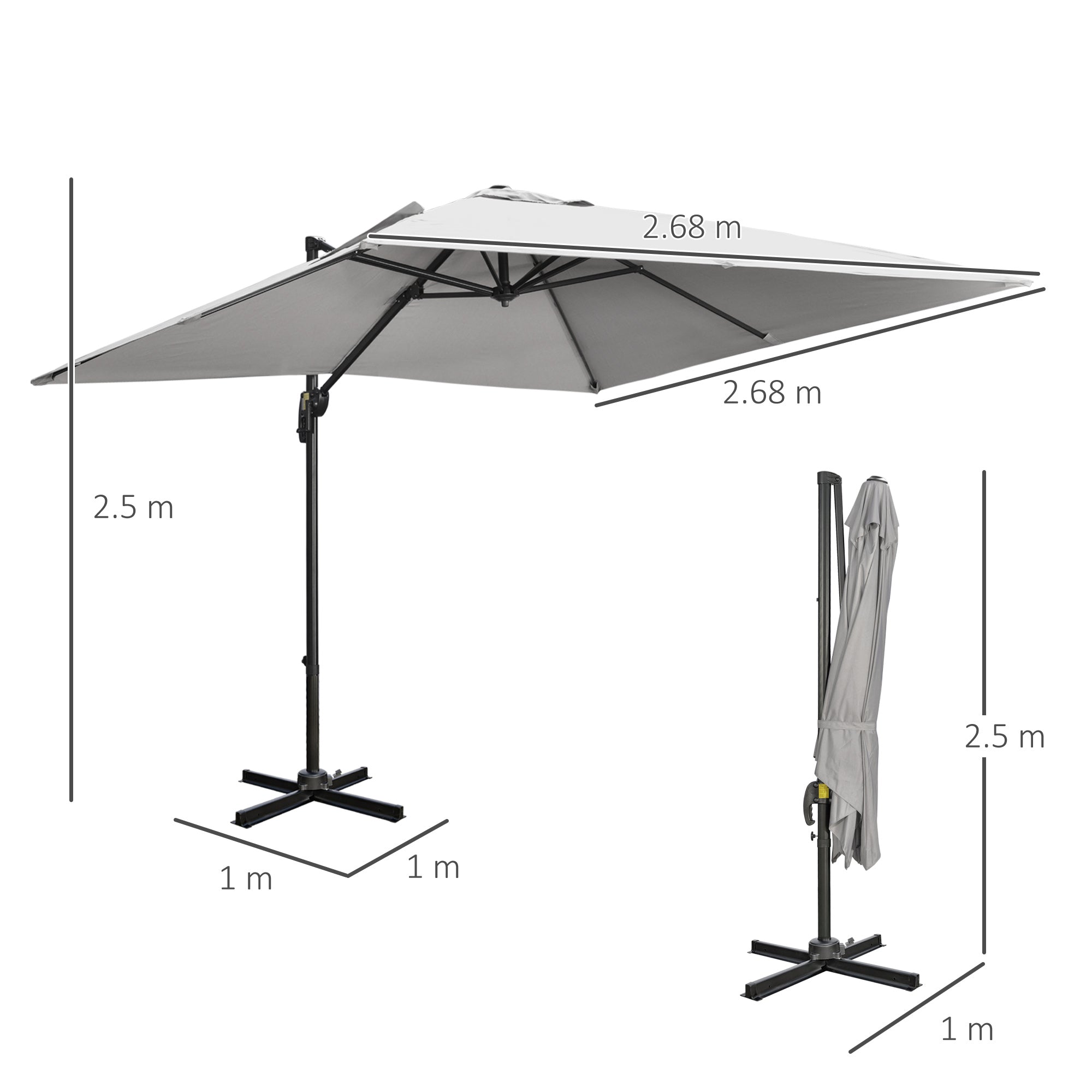 Outsunny 2.7 x 2.7 m Cantilever Parasol, Square Overhanging Umbrella with Cross Base, Crank Handle, Tilt, 360° Rotation and Aluminium Frame, Grey - North Peak Garden Furniture