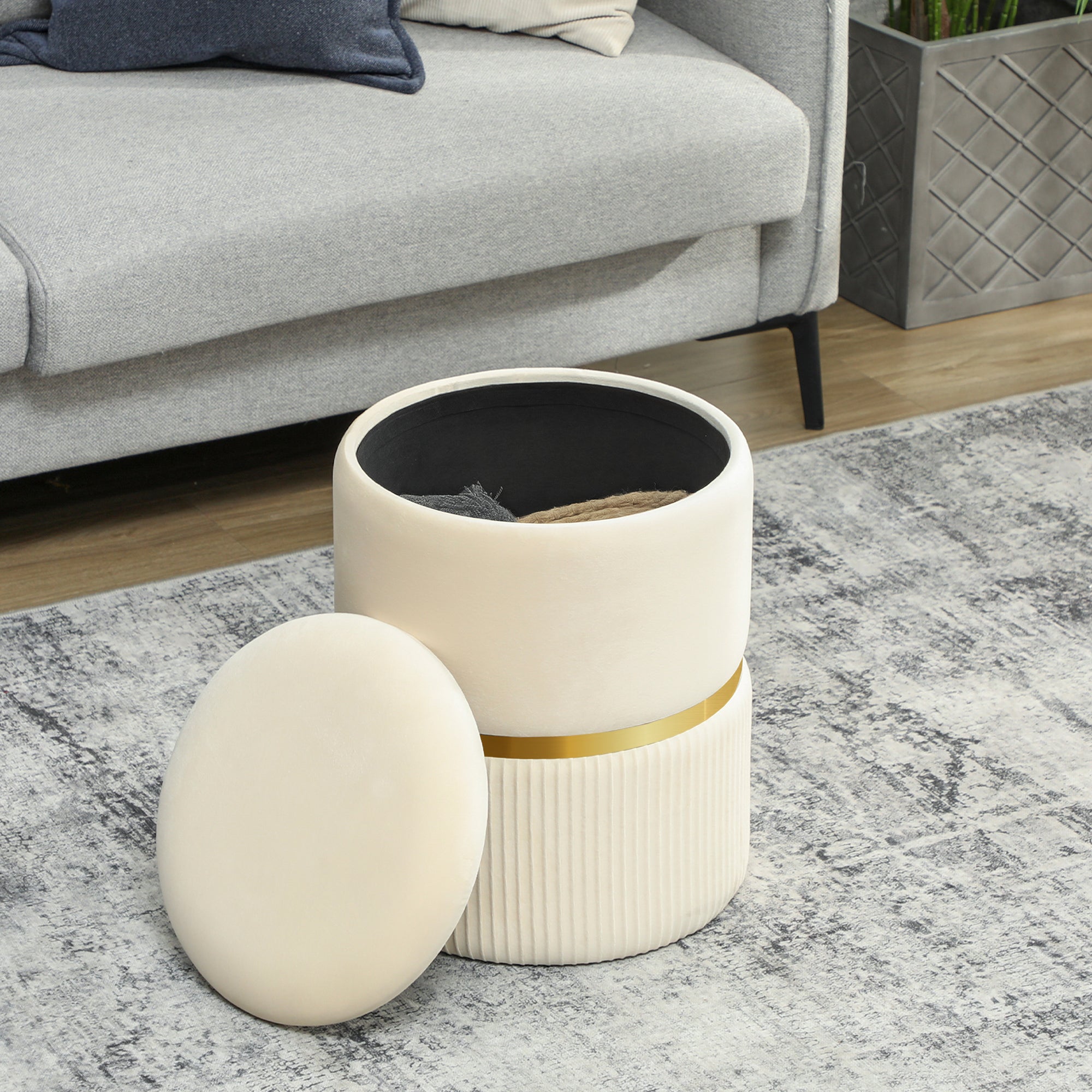 HOMCOM Round Storage Stool, Velvet-feel Fabric Upholstered Vanity Stool with Removable Top, Padded Seat and Hidden Space, Beige