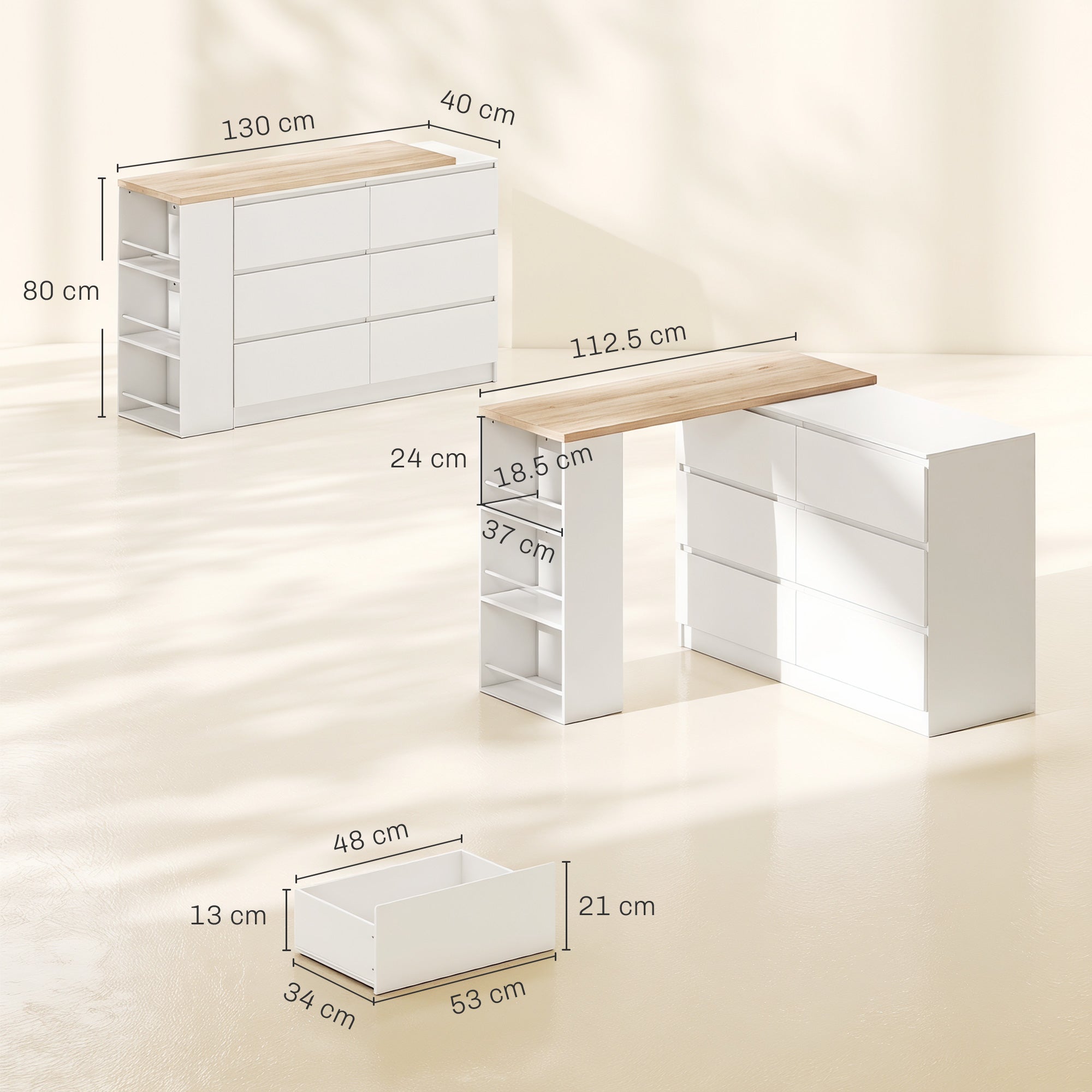 HOMCOM Vanity Table, Dressing Table with 6 Drawers and 3-Tier Shelf for Women and Girls, White