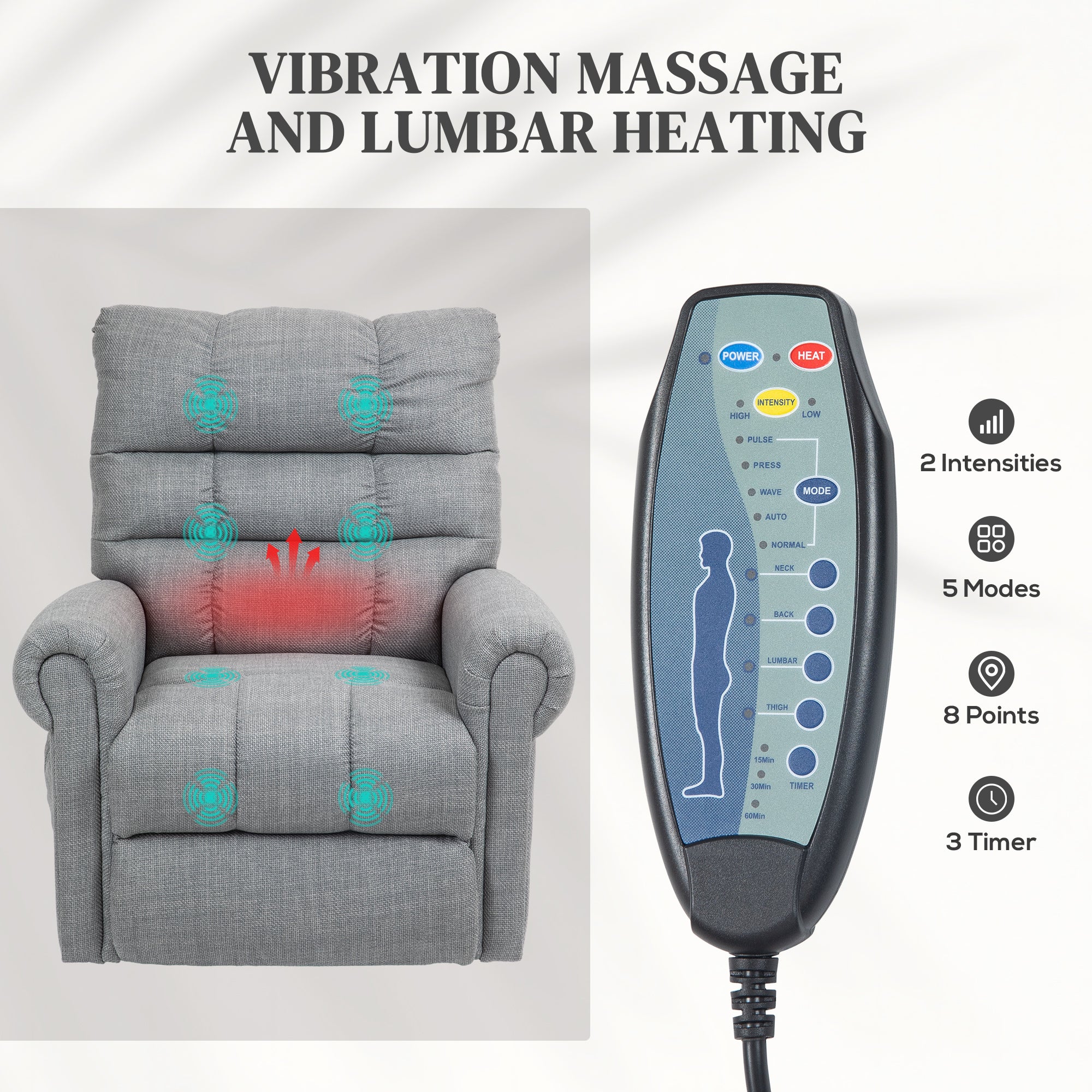 HOMCOM Rise and Recline Electric Massage Armchair - Grey - North Peak Garden Furniture